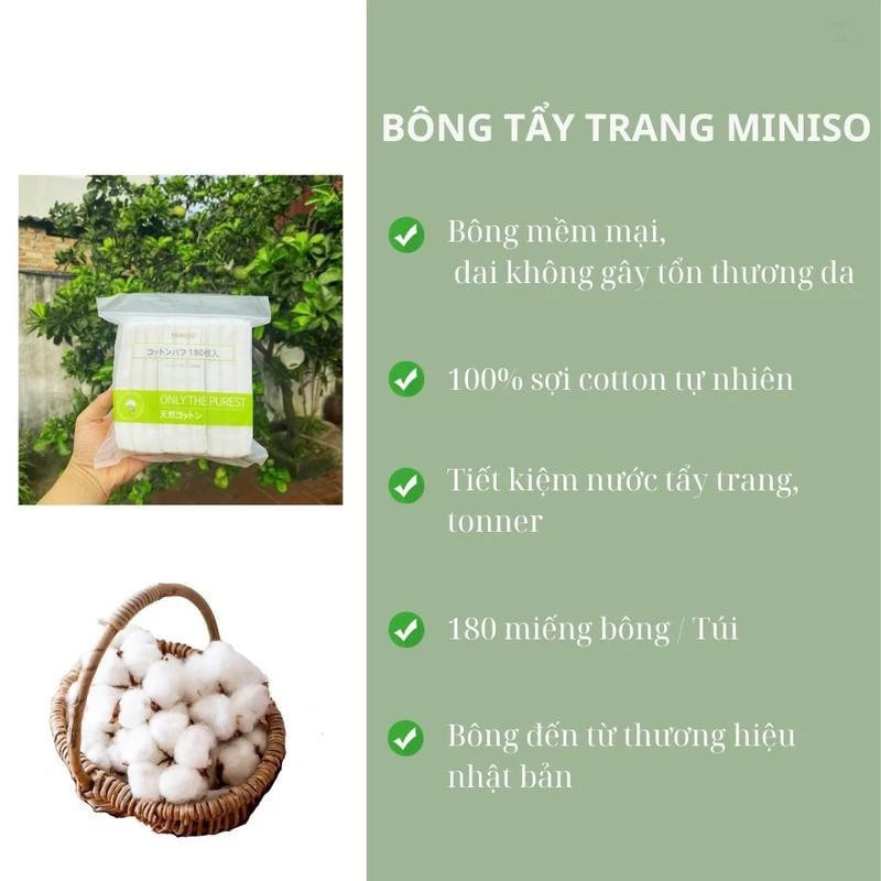 Bông tẩy trang miniso 180 miếng Nhật Bản Tmark (Thùng 80 gói) 3