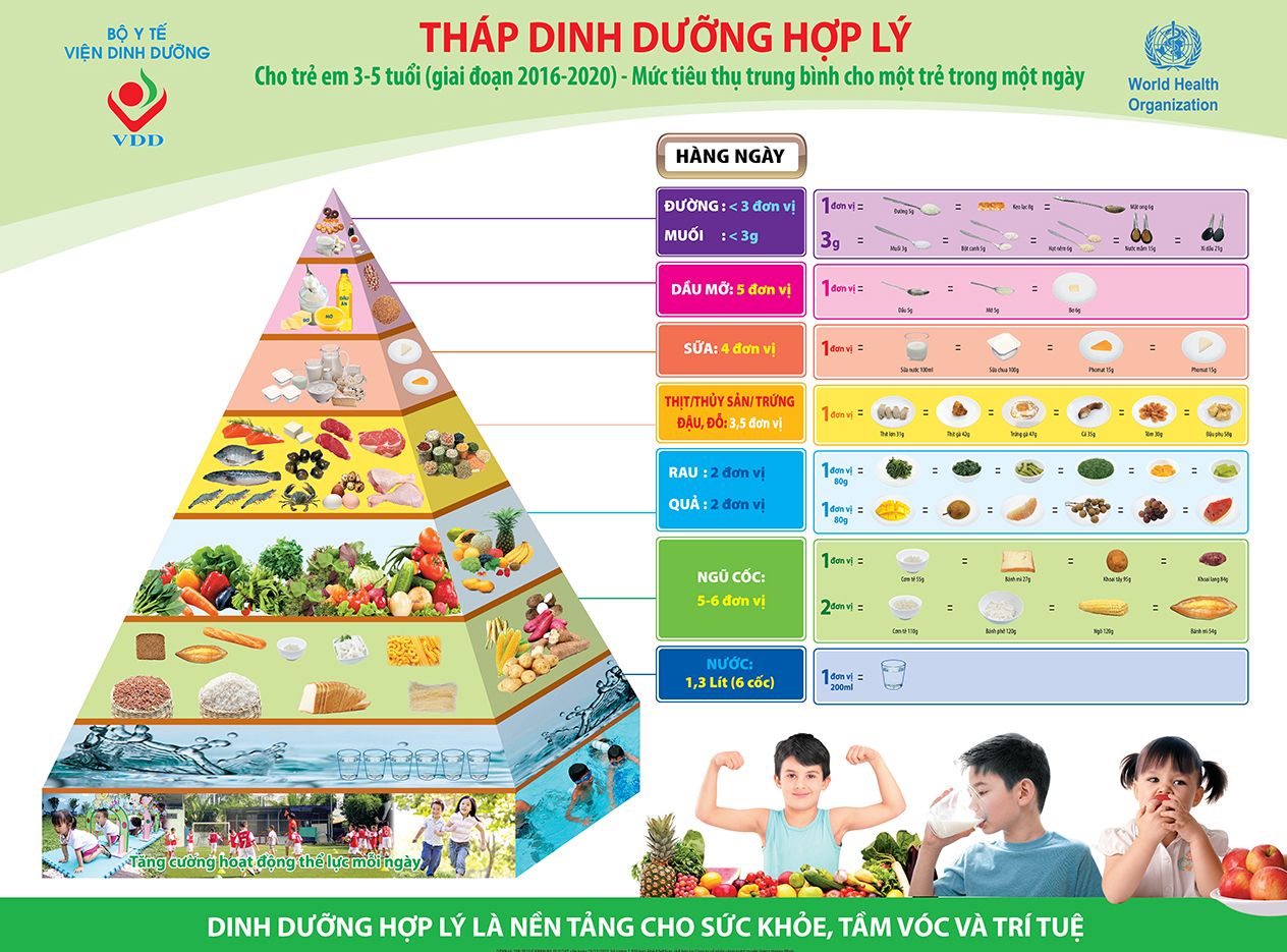 Tháp Dinh dưỡng hợp lý cho trẻ em 3 - 5 tuổi (giai đoạn 2016 - 2020) - Mức tiêu thụ trung bình cho một trẻ trong một ngày
