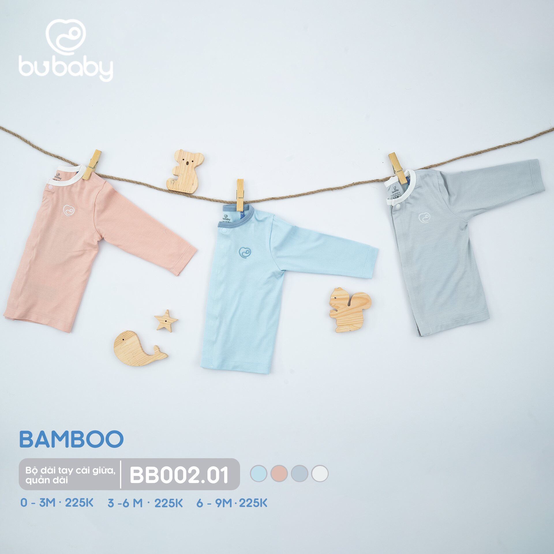 Bu Baby-Bộ dài tay cài giữa, quần dài màu hồng 12-18M