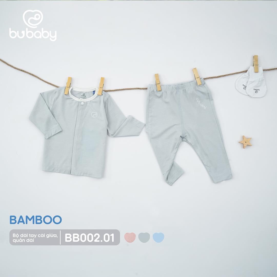 Bu Baby-Bộ dài tay cài giữa, quần dài màu ghi 6-9M