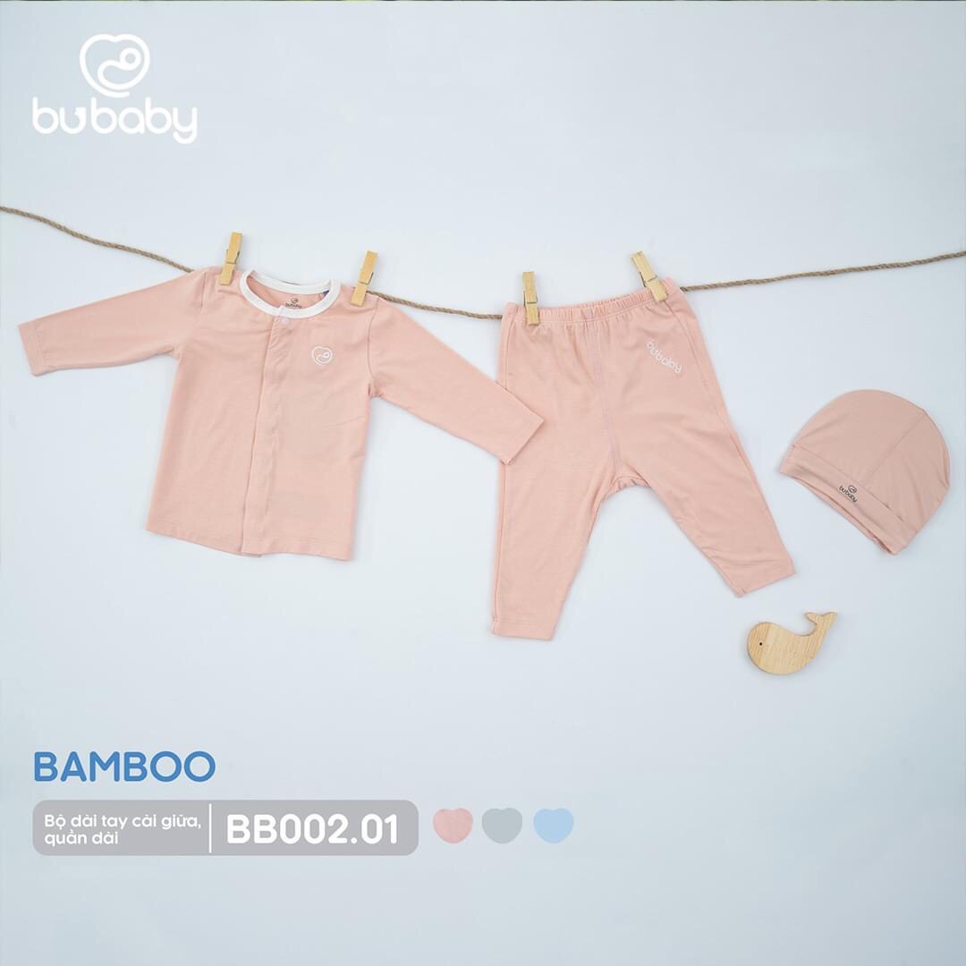 Bu Baby-Bộ dài tay cài giữa, quần dài màu hồng 12-18M