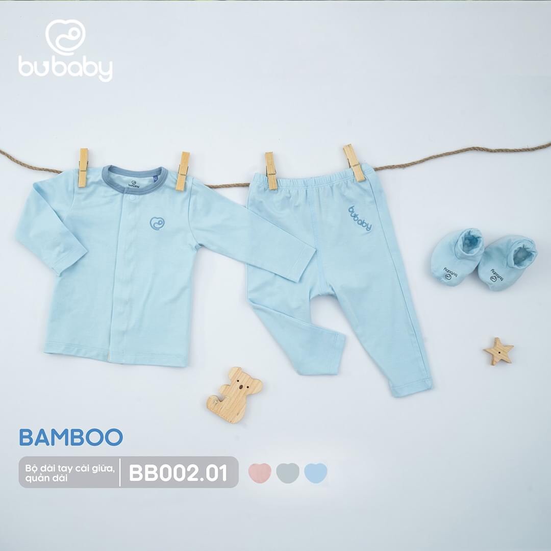 Bu Baby-Bộ dài tay cài giữa, quần dài màu xanh 6-9M