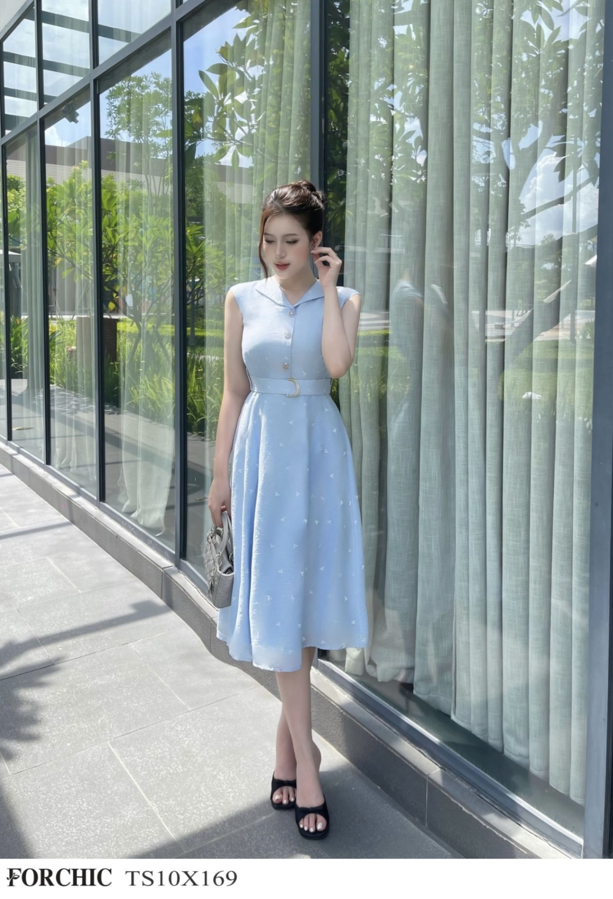 TS10X169 - Đầm Tơ Hàn Cỏ Xanh Lơ Đai D Lồng