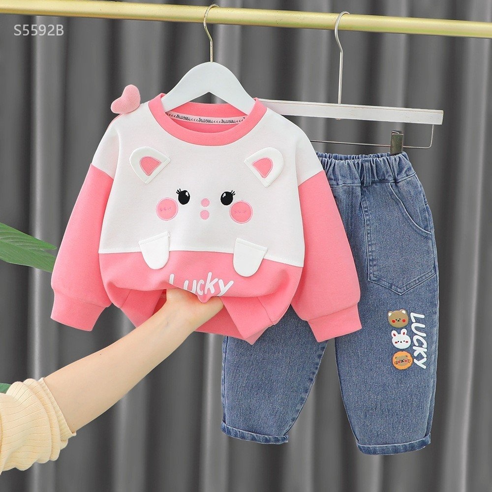 S5592B- Set Nỉ Gấu Lucky Hồng Quần Jeans -6(9-11kg)