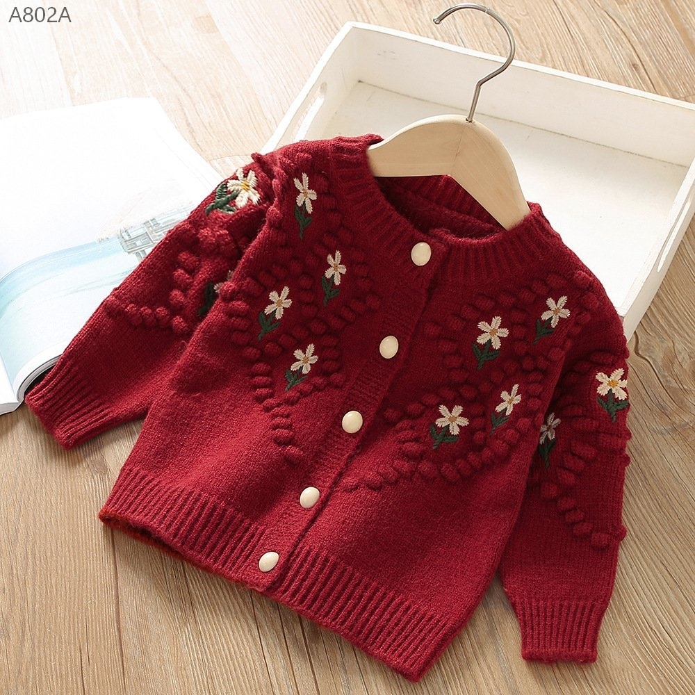 A802A- Áo Cardigan Thêu Hoa Đỏ-90(9-12kg)