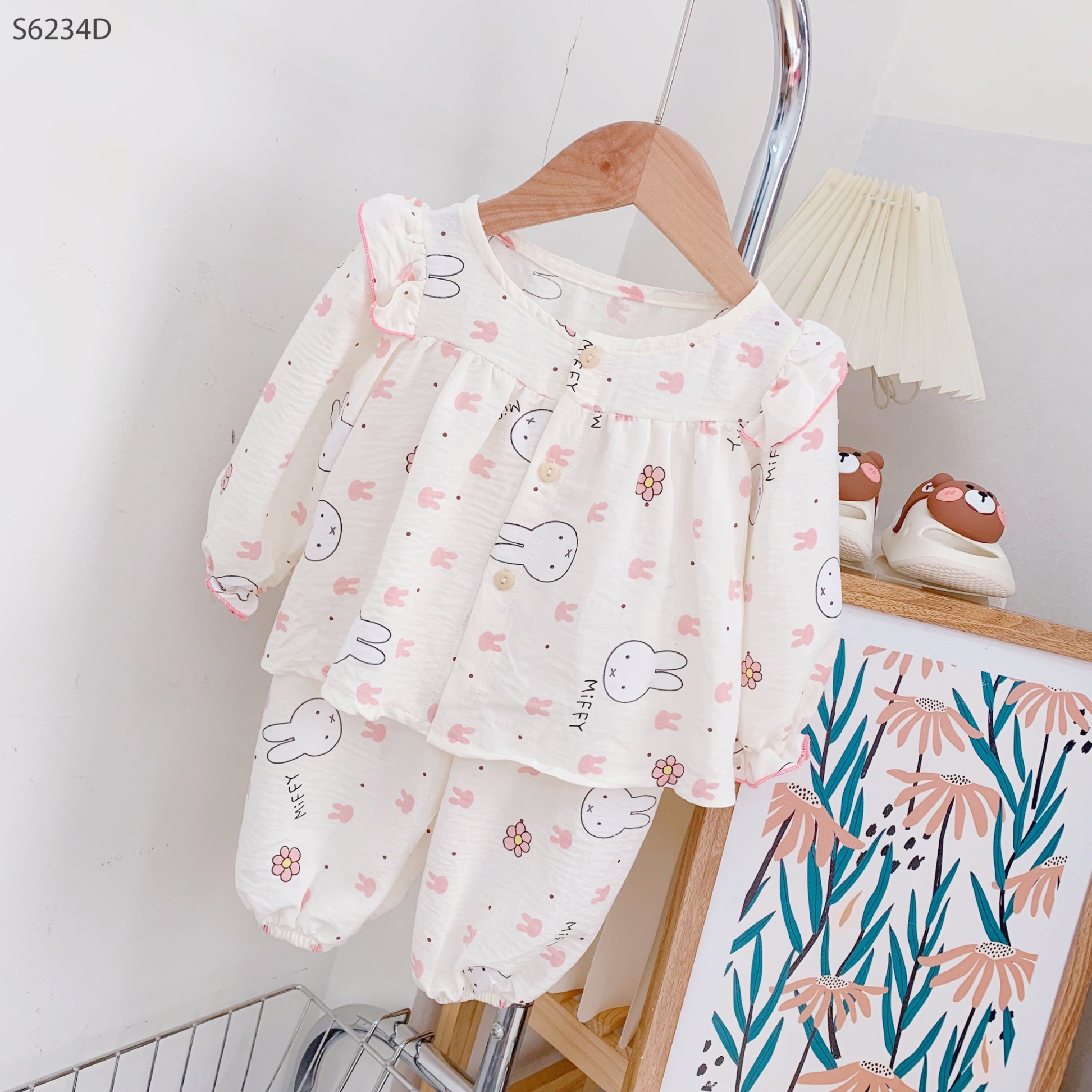 S6234D- Set Pijama Đũi Tay Lỡ Thỏ Hoa Hồng-1(8-10kg)