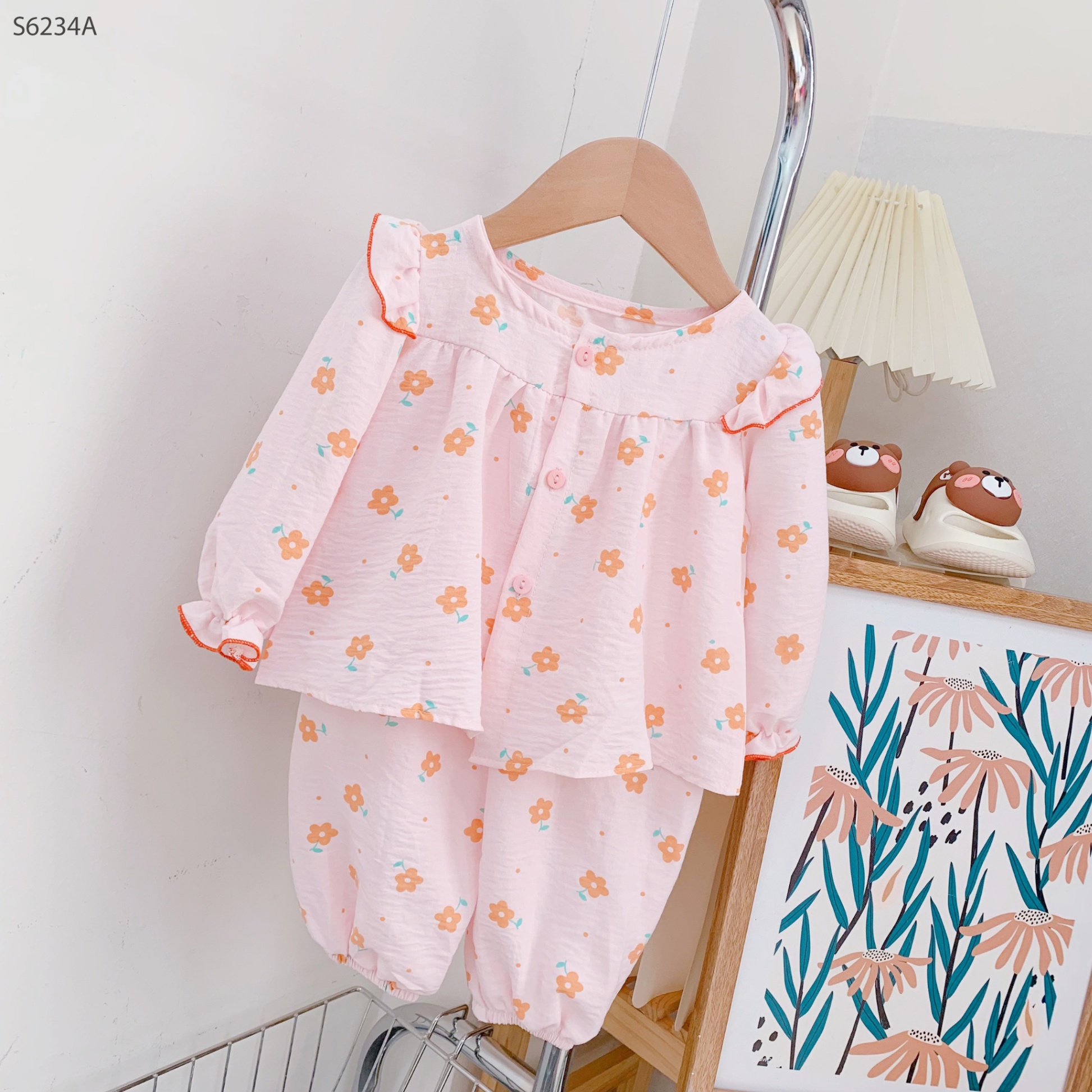 S6234A- Set Pijama Đũi Tay Lỡ Hồng Hoa Hồng-1(8-10kg)