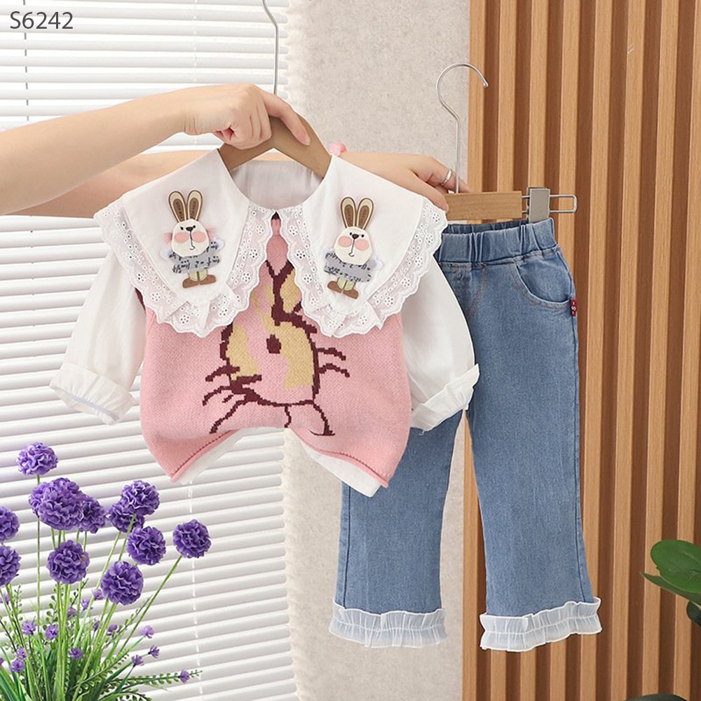 S6242- Set 3 CT Áo Gile Len Thỏ Hồng Quần Jeans