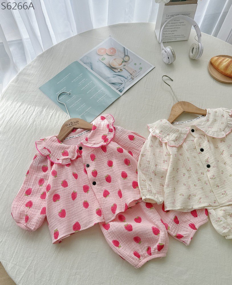 S6266A- Set Pijama Cổ Bèo Dâu Hồng-1(8-10kg)