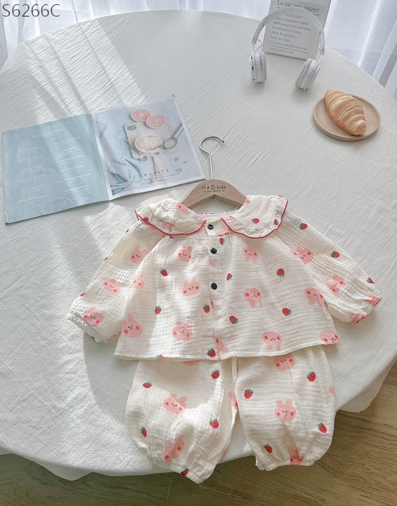 S6266C- Set Pijama Cổ Bèo Thỏ Hồng-1(8-10kg)