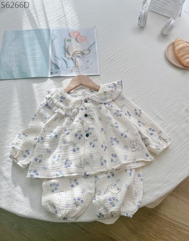 S6266D- Set Pijama Cổ Bèo Thỏ Hoa Xanh-1(8-10kg)