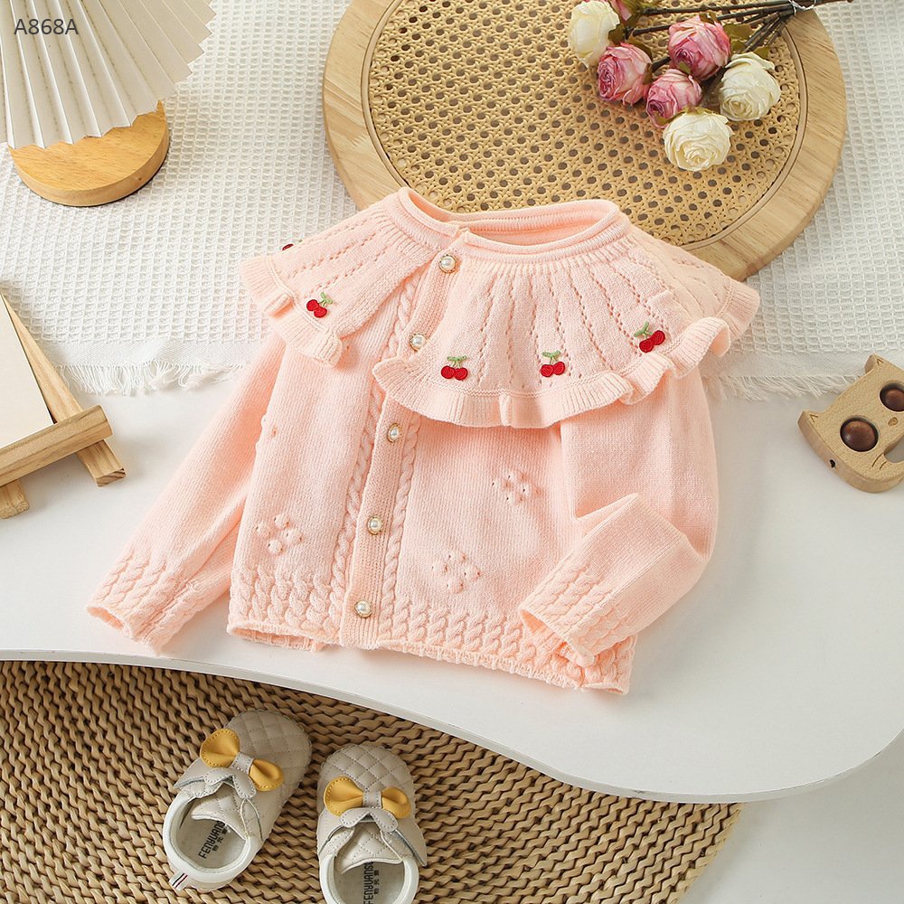 A868A- Áo Cardigan Len Cổ Bèo Cherry Hồng-90(10-12kg)