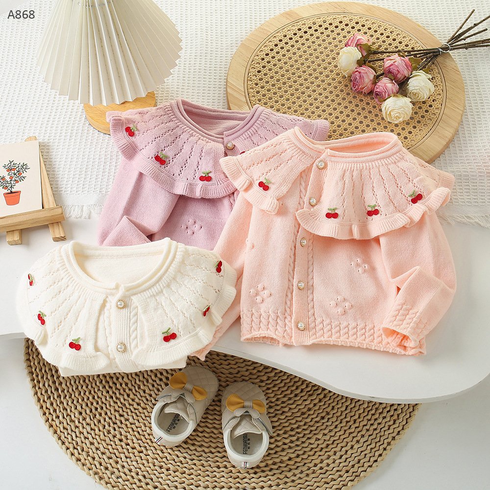 A868- Áo Cardigan Len Cổ Bèo Cherry