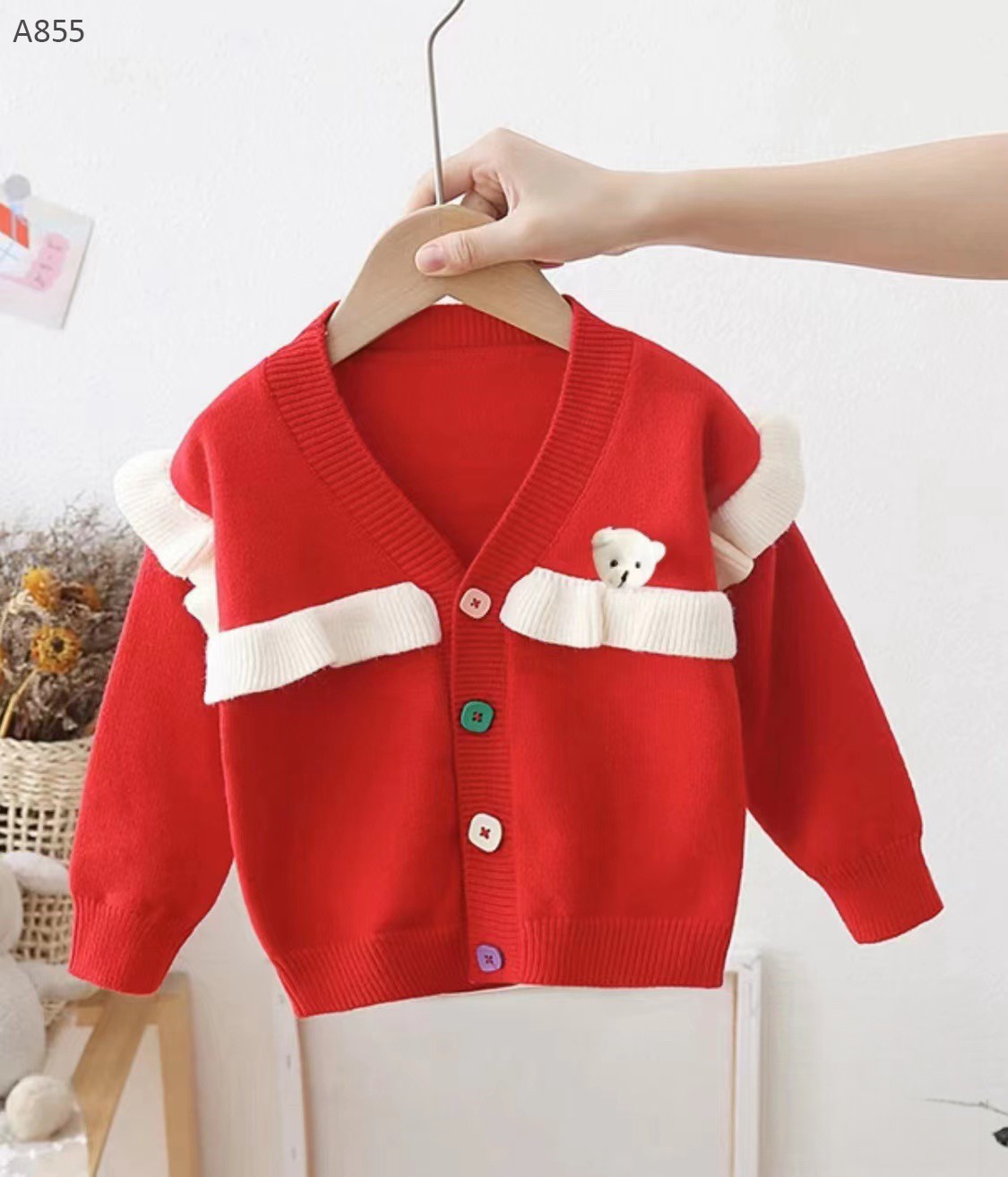 A855- Áo Cardigan Đỏ Viền Kem Đính Gấu