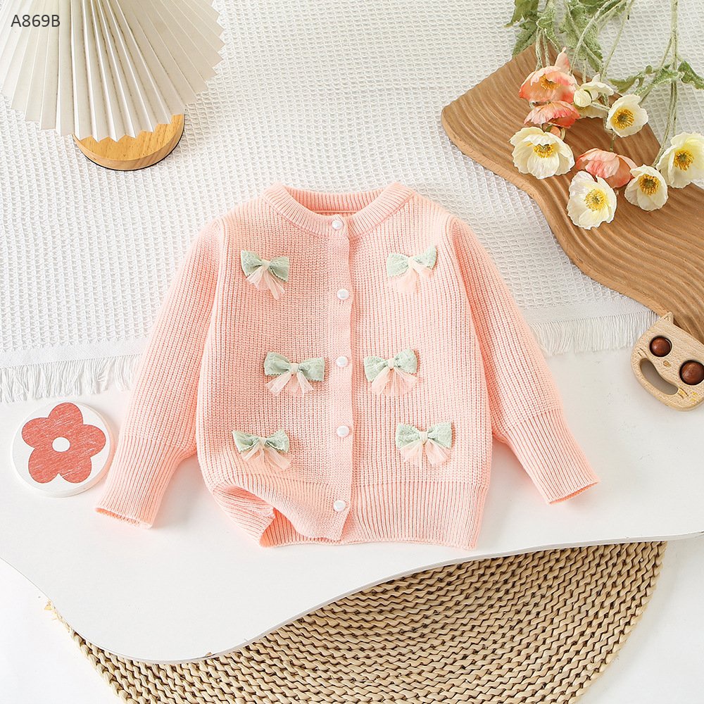 A869B- Áo Cardigan Đính Nơ Hồng-90(10-12kg)