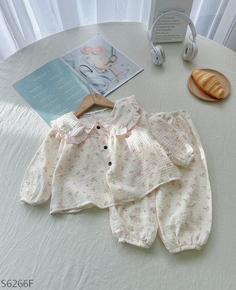 S6266F- Set Pijama Cổ Bèo Hoa Hồng Nhạt-1(8-10kg)