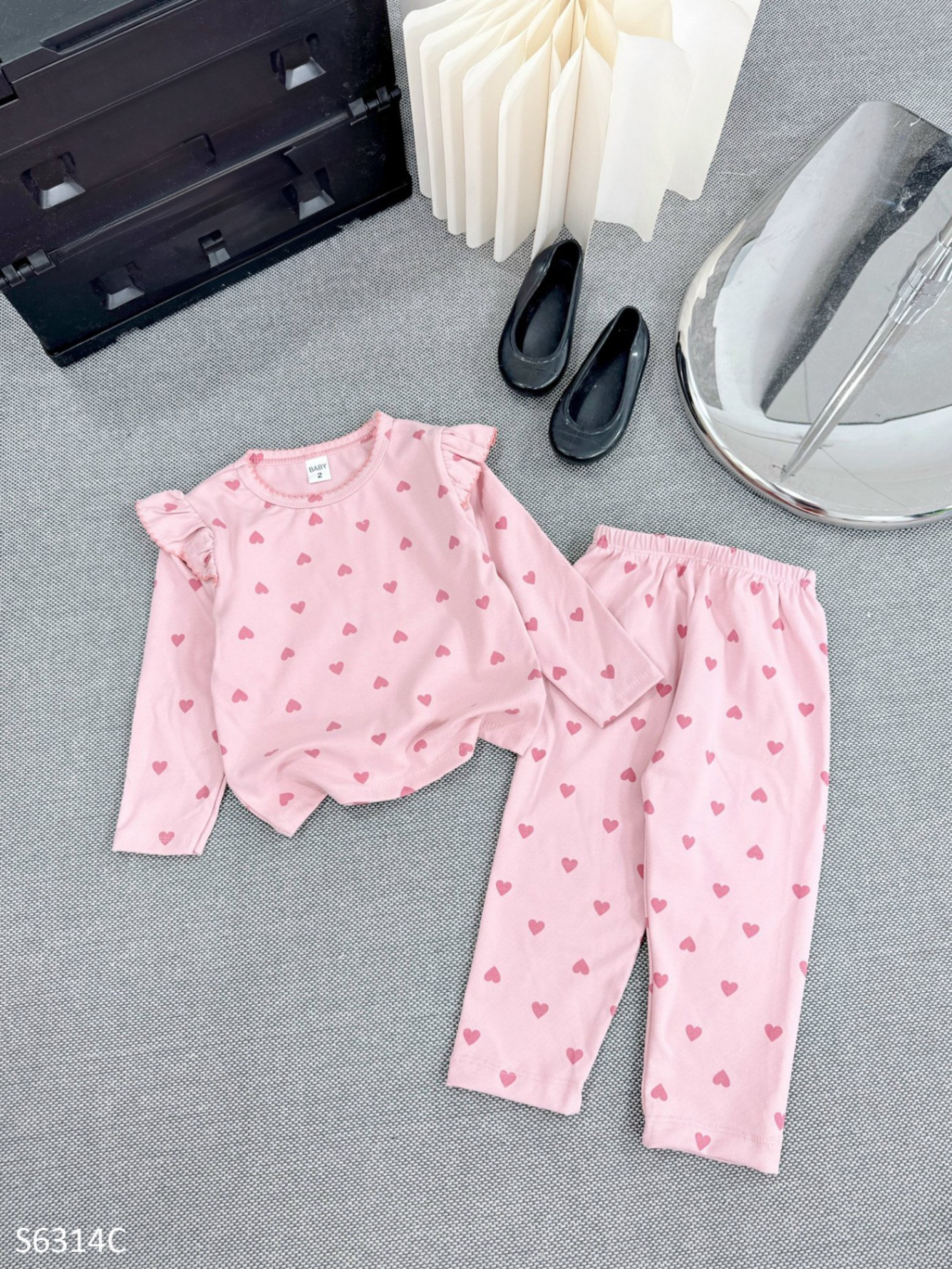 S6314C- Set Thun Cotton Tim Cánh Tiên Hồng Nhạt-1(8-11kg)