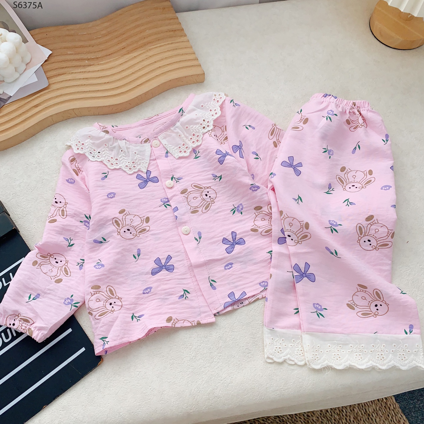 S6375A - Set Pijama Cổ Ren Thỏ Nơ Hồng-1(8-10kg)