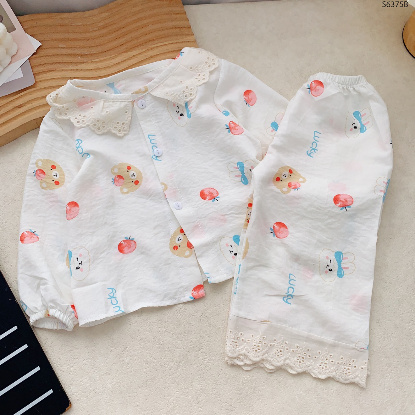 S6375B - Set Pijama Cổ Ren Gấu Thỏ Trắng-1(8-10kg)