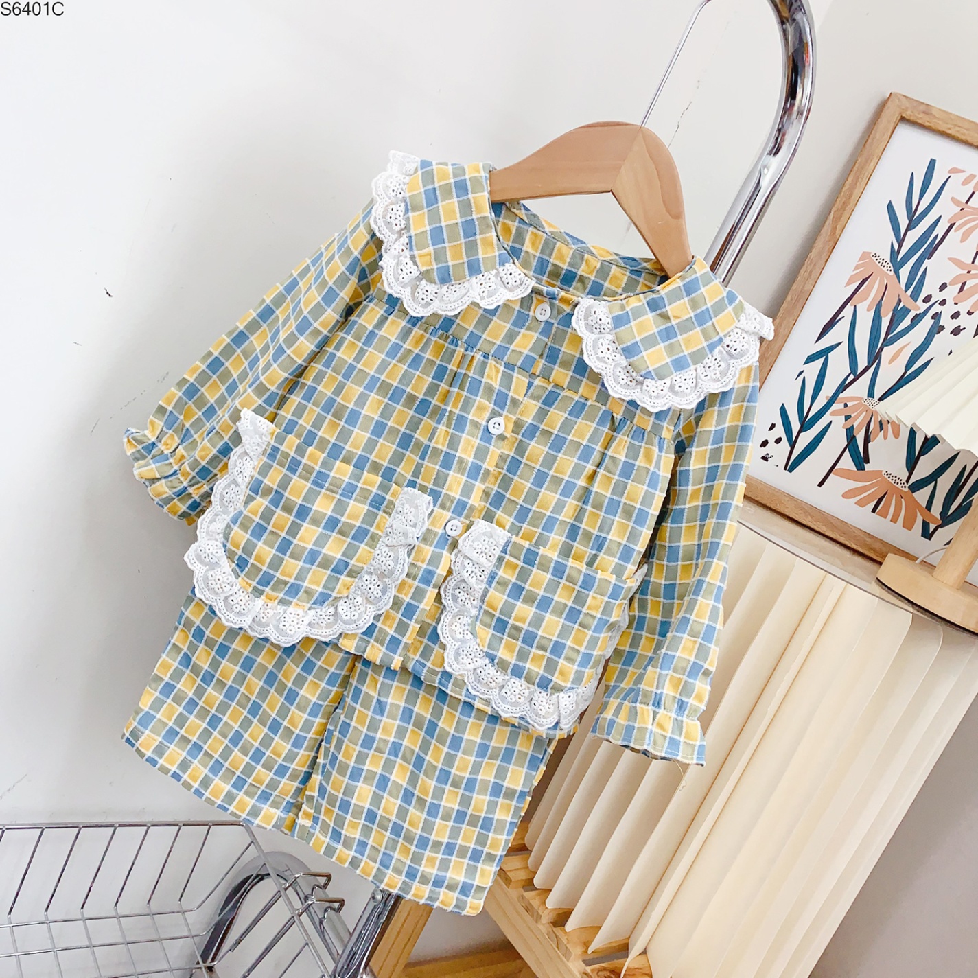 S6401C- Set Pyjama Túi Bèo Kẻ Caro Xanh-80(9-11kg)