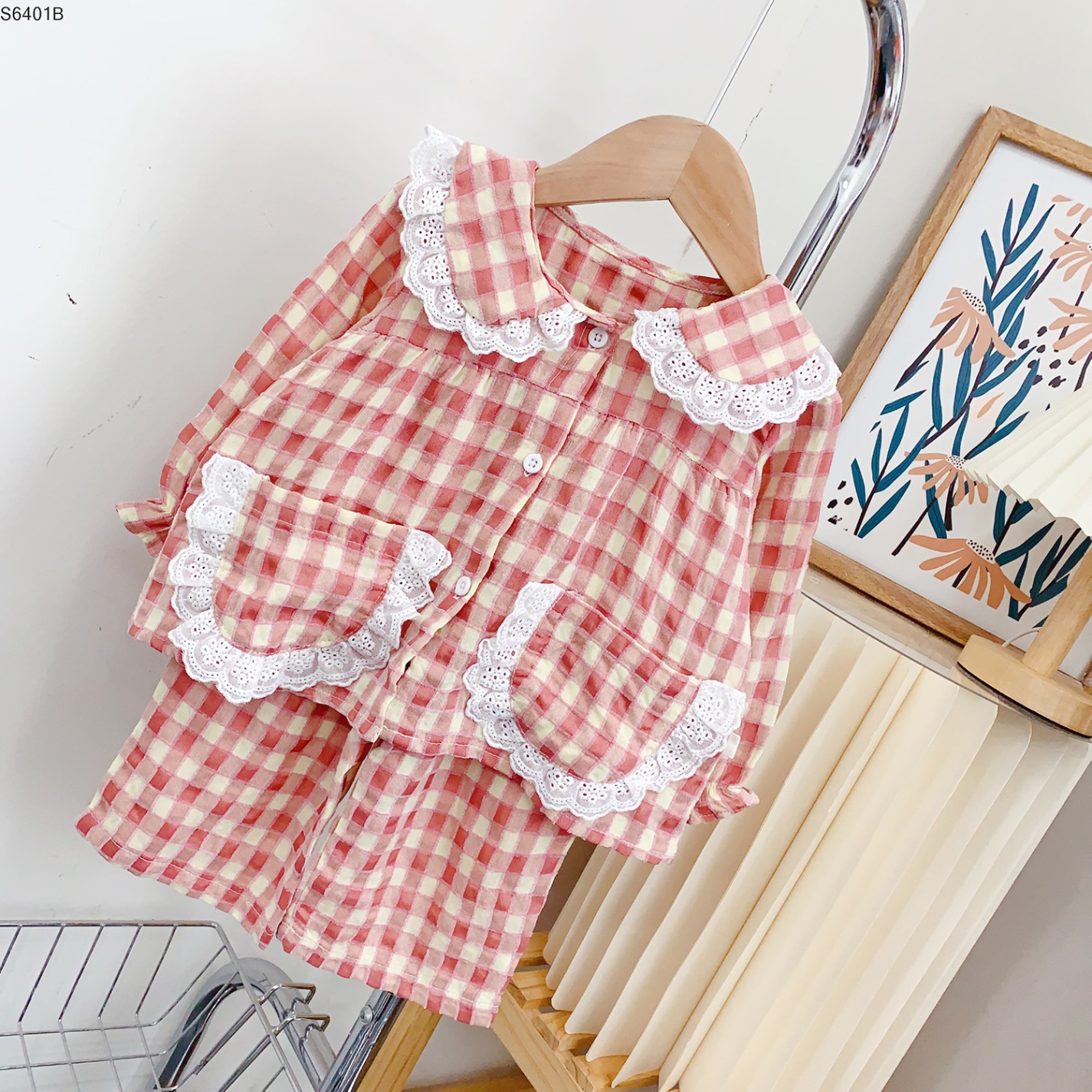 S6401B- Set Pyjama Túi Bèo Kẻ Caro Hồng-80(9-11kg)