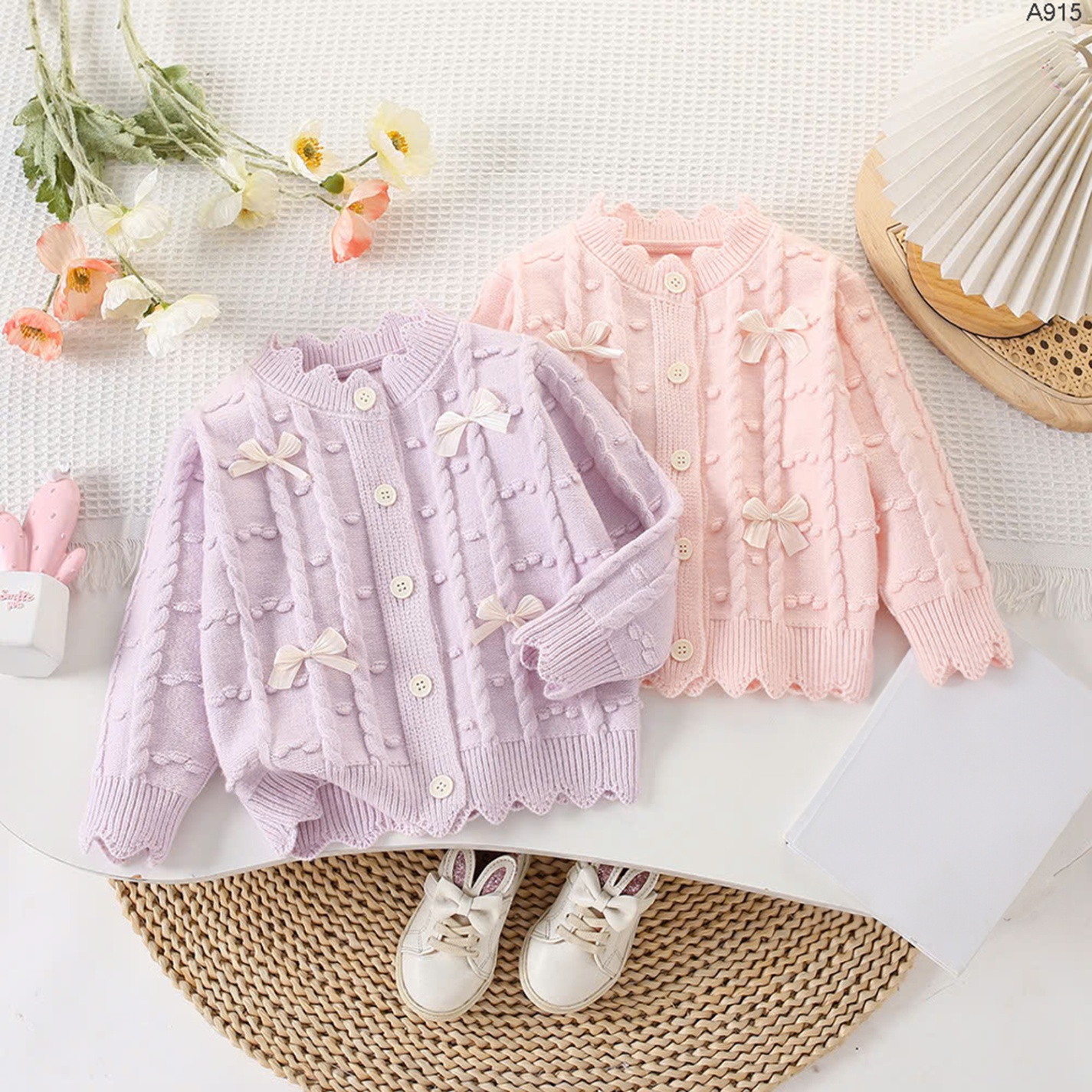 A915- Áo Cardigan Len Đính Nơ Kem (Tím/ Hồng)