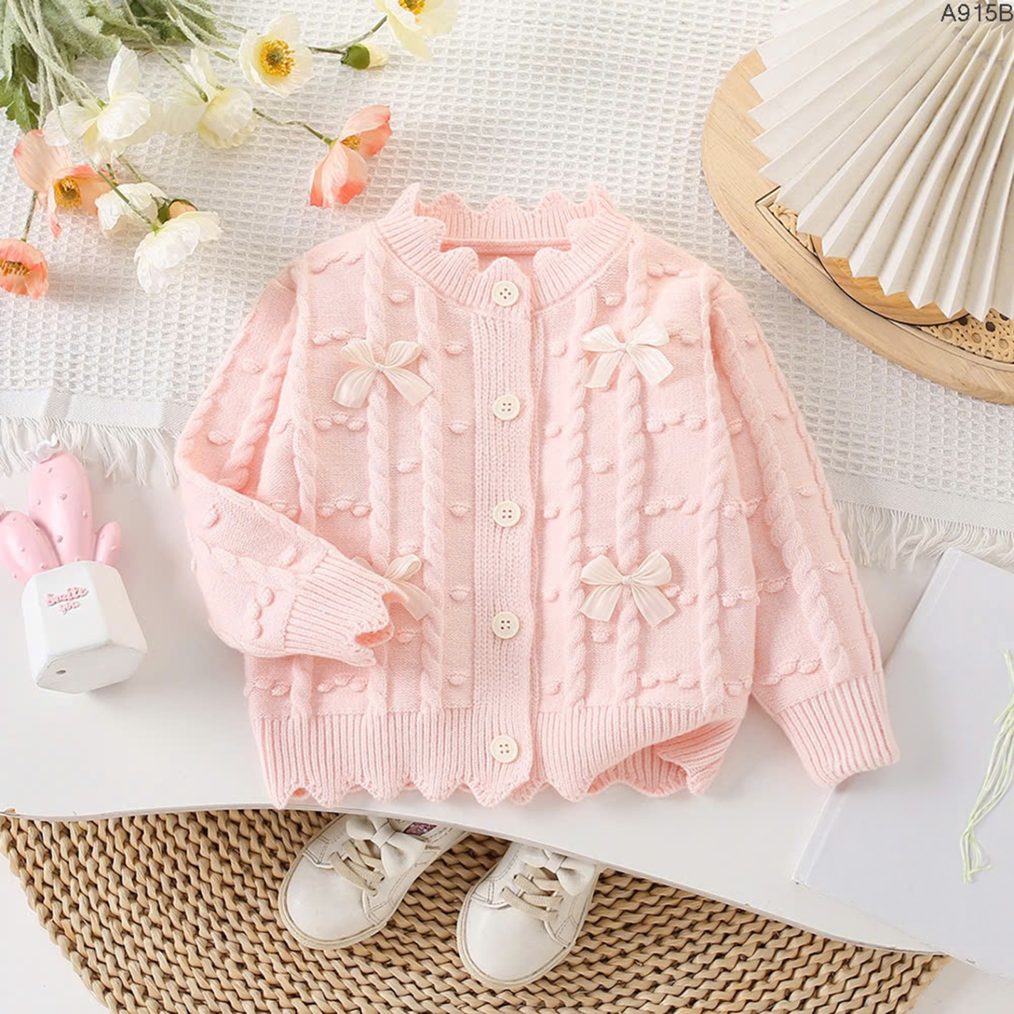 A915B- Áo Cardigan Len Đính Nơ Kem Hồng-90(9-12kg)