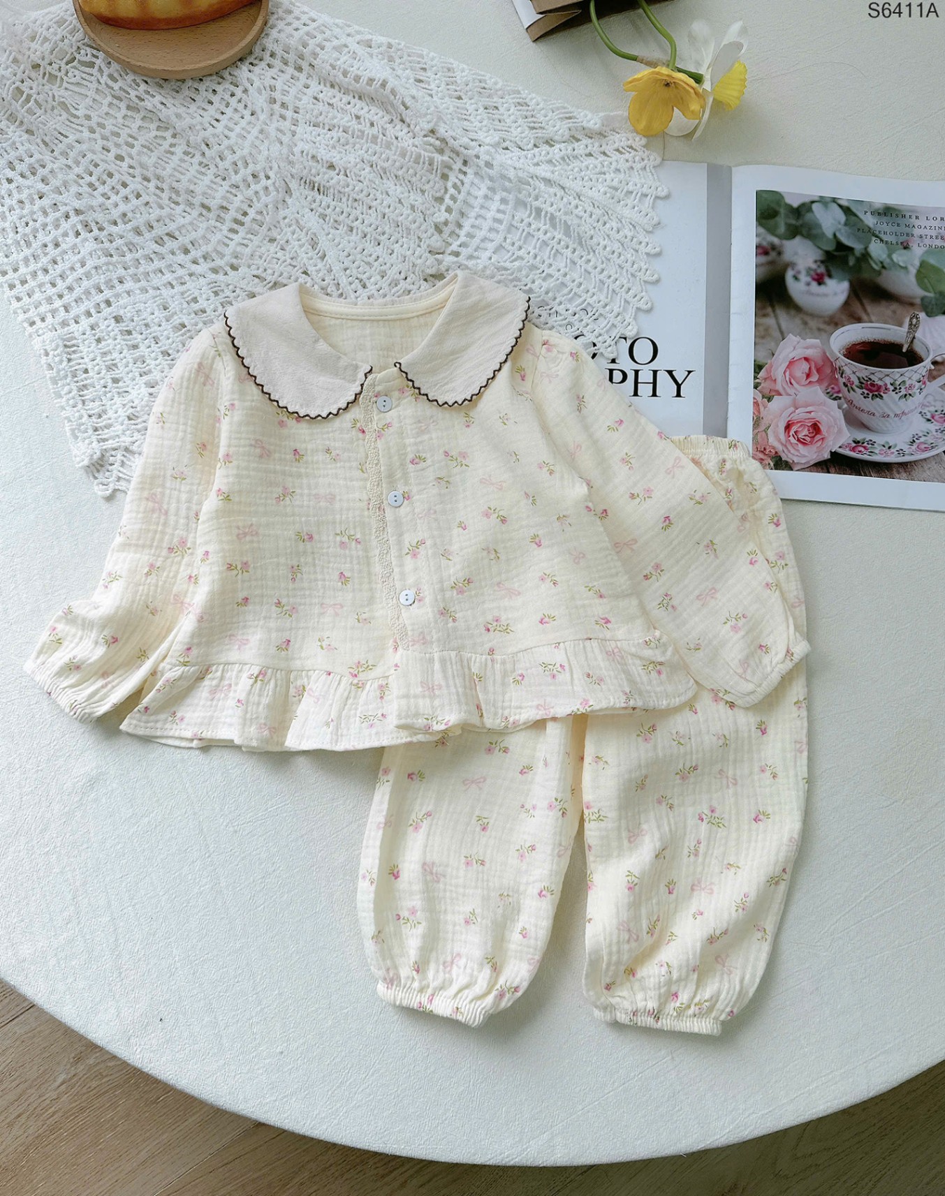 S6411A - Set Pyjama Xô Muslin Cổ Sen Hoa Nhí Hồng-1(80)(8-10kg)