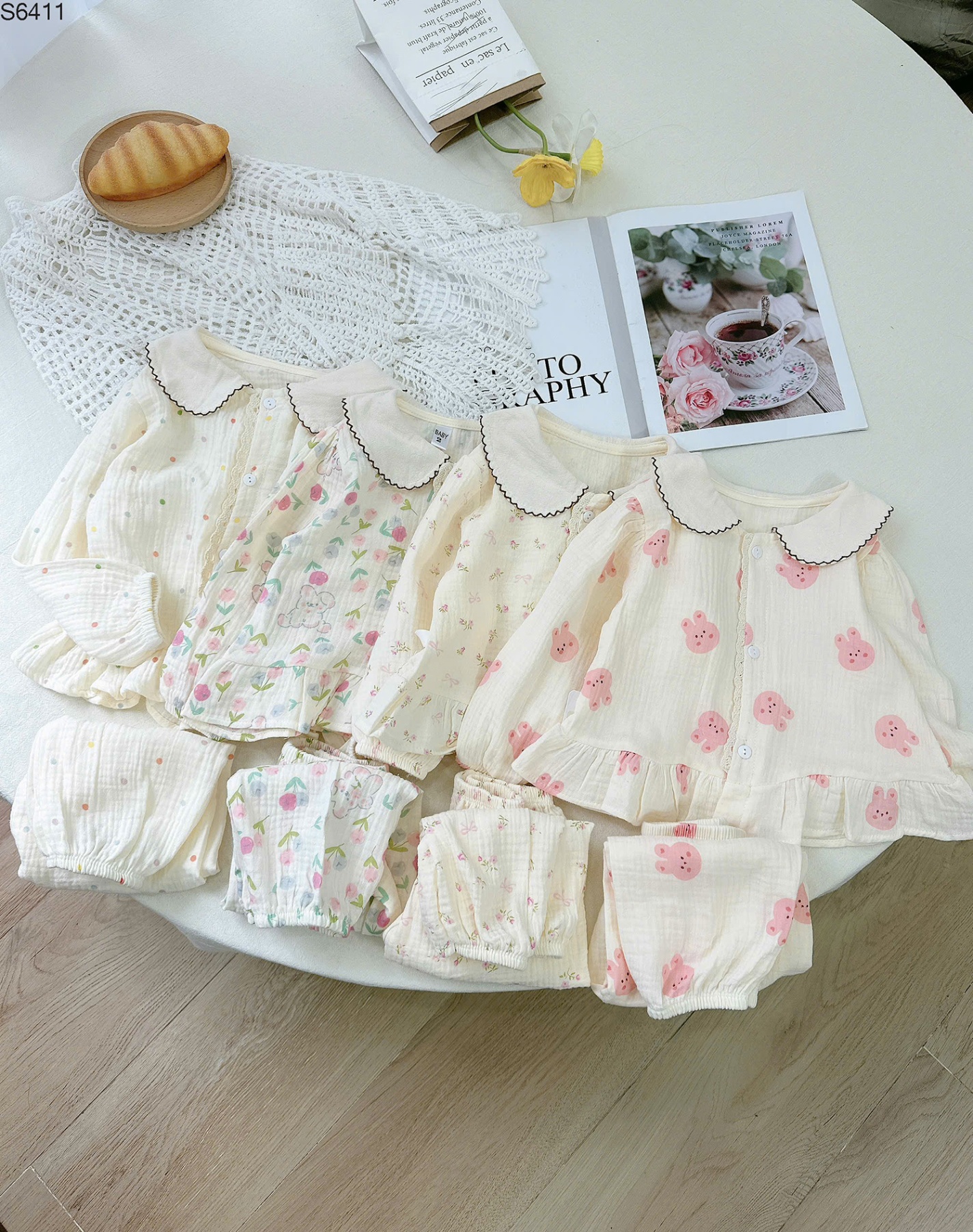 S6411 - Set Pyjama Xô Muslin Cổ Sen