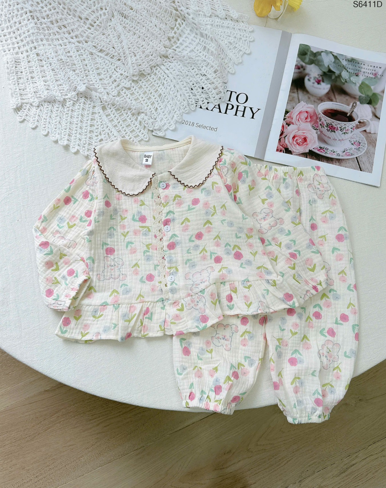 S6411D - Set Pyjama Xô Muslin Cổ Sen Thỏ Hoa Tulip-1(80)(8-10kg)