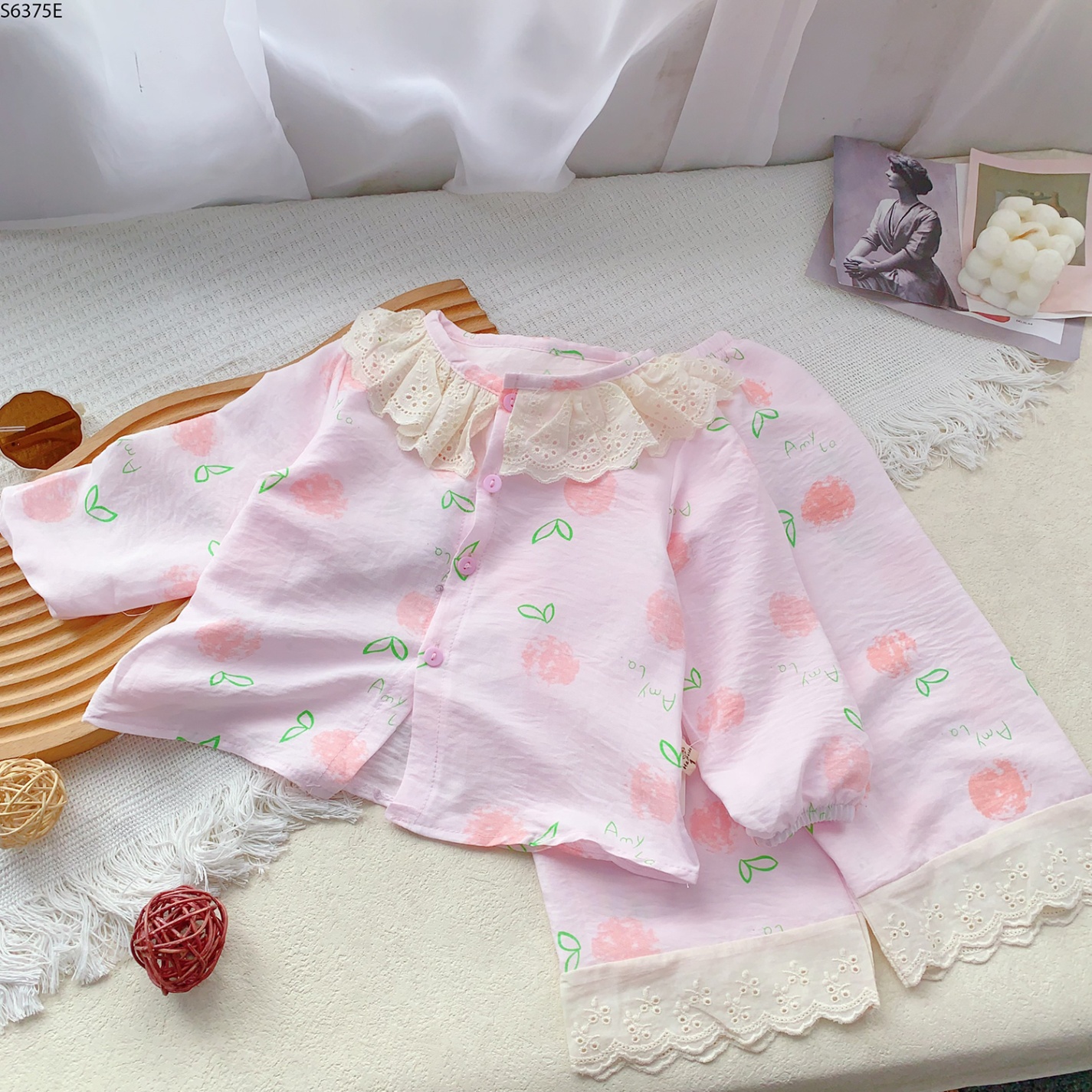 S6375E - Set Pijama Cổ Ren Cam Hồng-1(8-10kg)