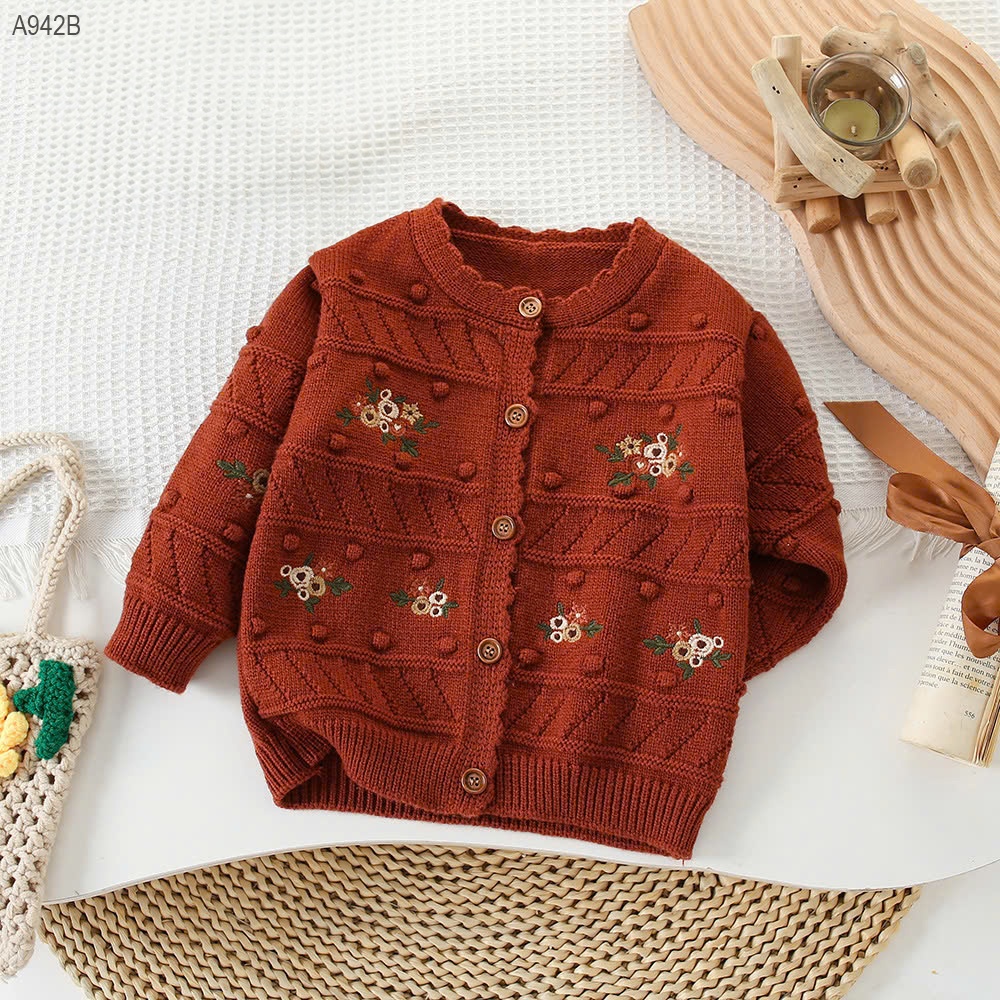 A942B- Áo Cardigan Len Thêu Hoa Đỏ-90(9-12kg)