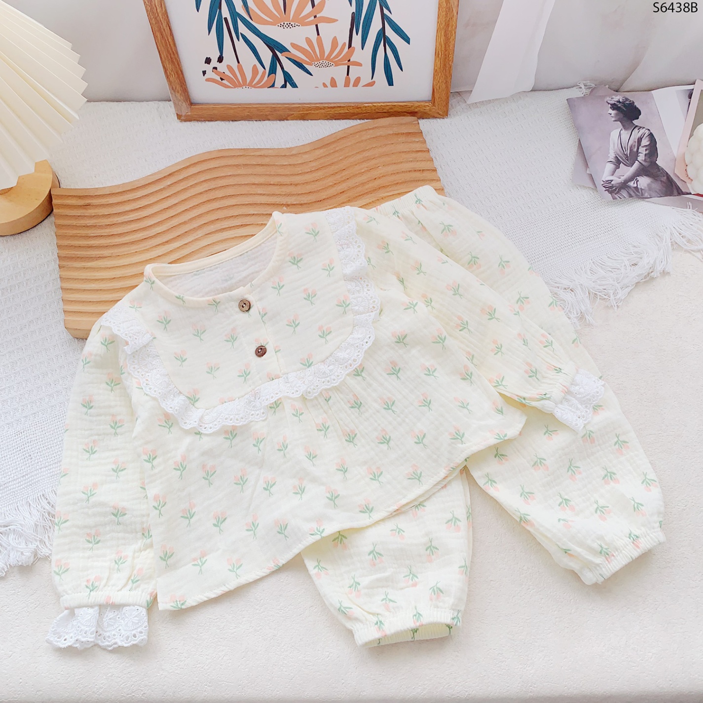 S6438B-Set Pyjama Xô Muslin Cổ Ren Hoa Xanh-1(8-10kg)