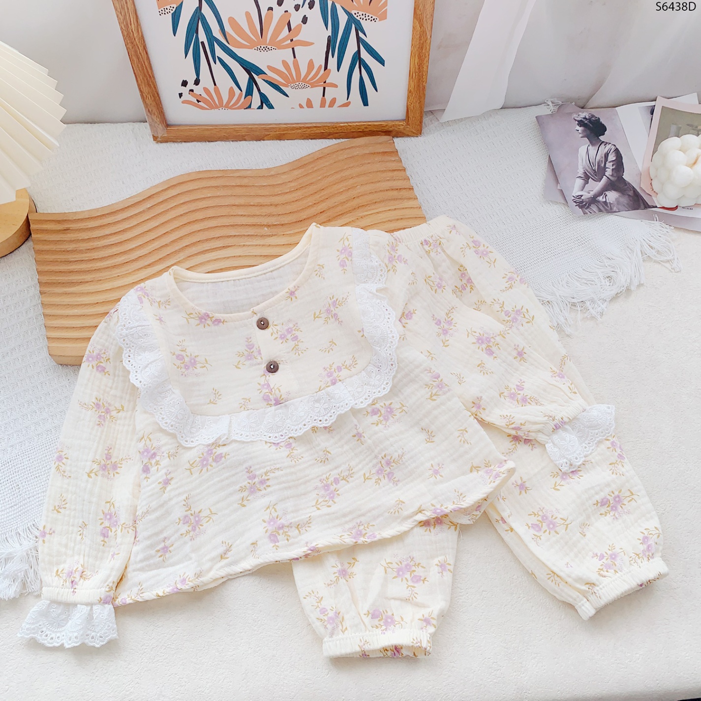 S6438D-Set Pyjama Xô Muslin Cổ Ren Hoa Tím-1(8-10kg)