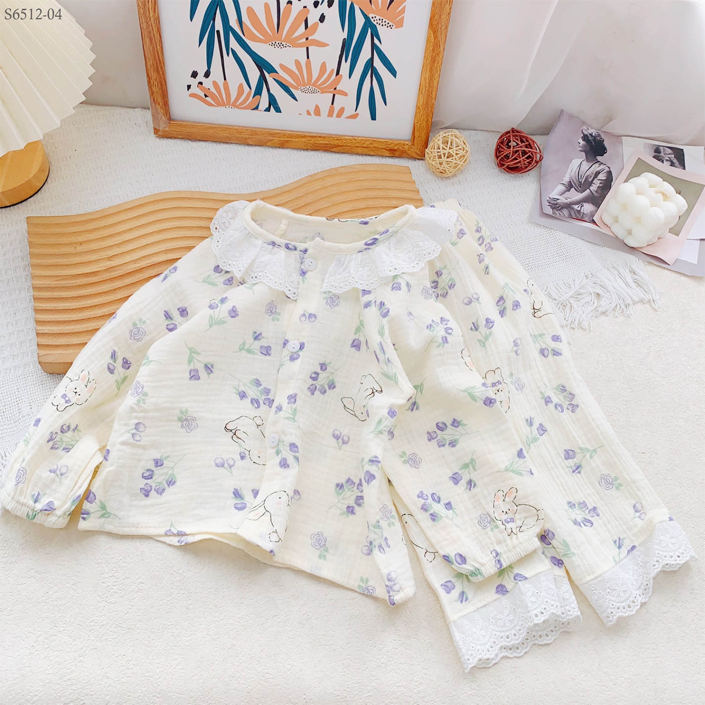 S6512-04- Set Pijama Cổ Ren Hoa Tím-80(8-10kg)