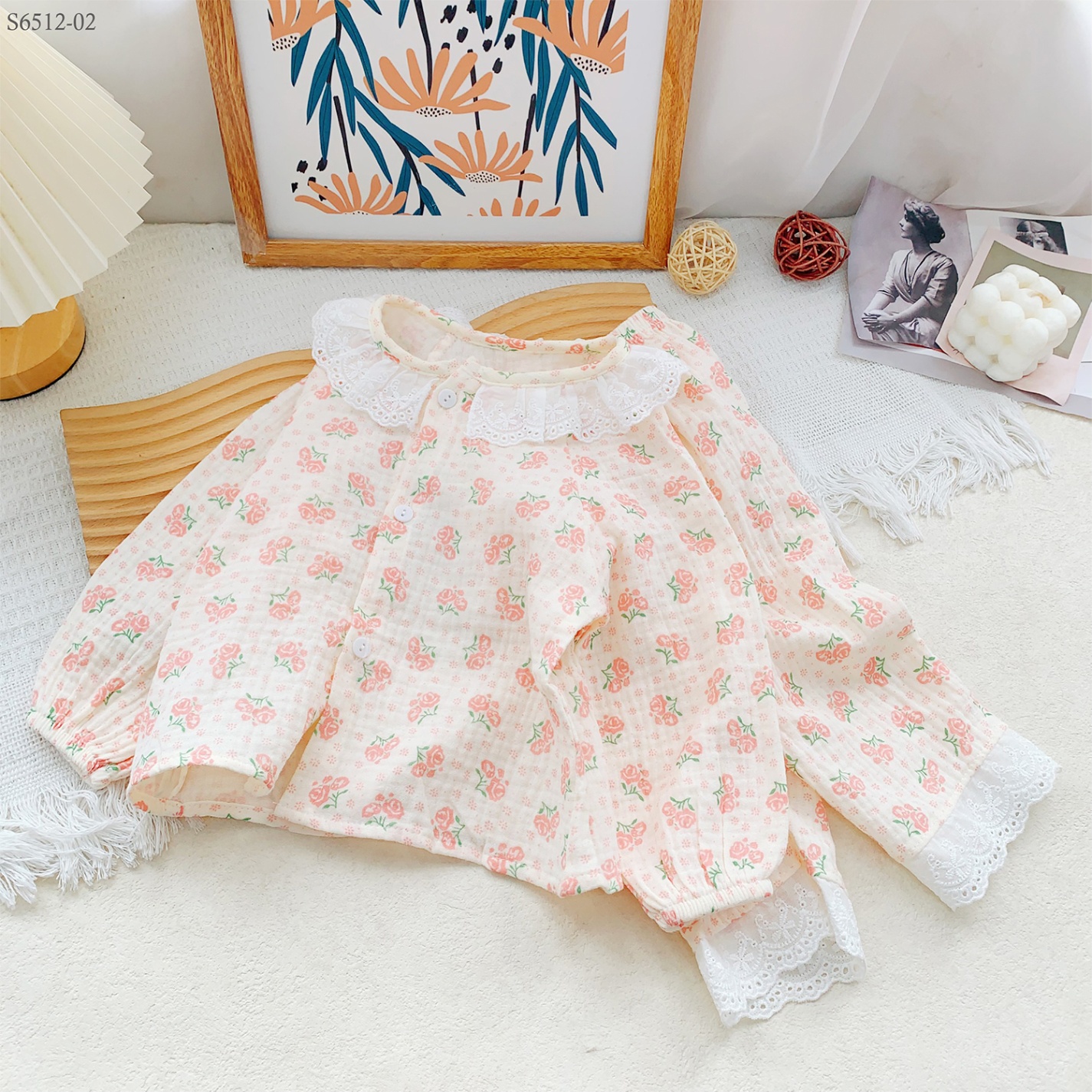 S6512-02 - Set Pijama Cổ Ren Hoa Hồng-80(8-10kg)