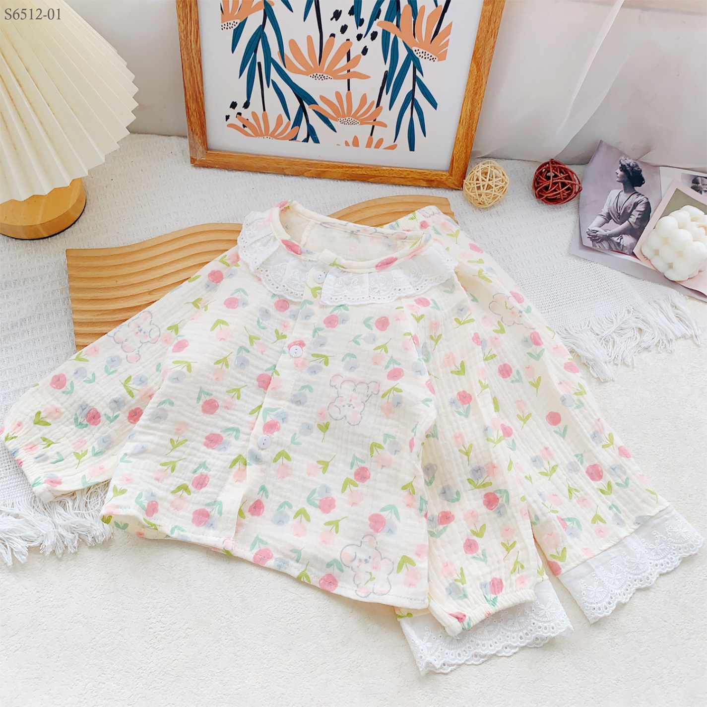 S6512-01- Set Pijama Cổ Ren Tho Hoa Tulip-80(8-10kg)