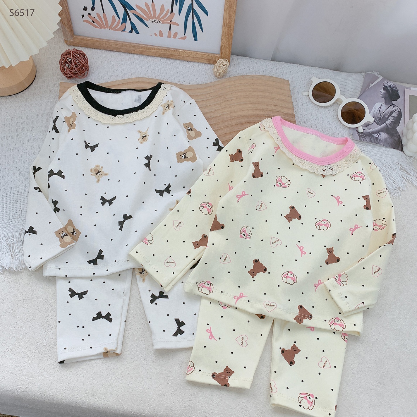 S6517- Set Cotton Viền Ren Gấu Nơ