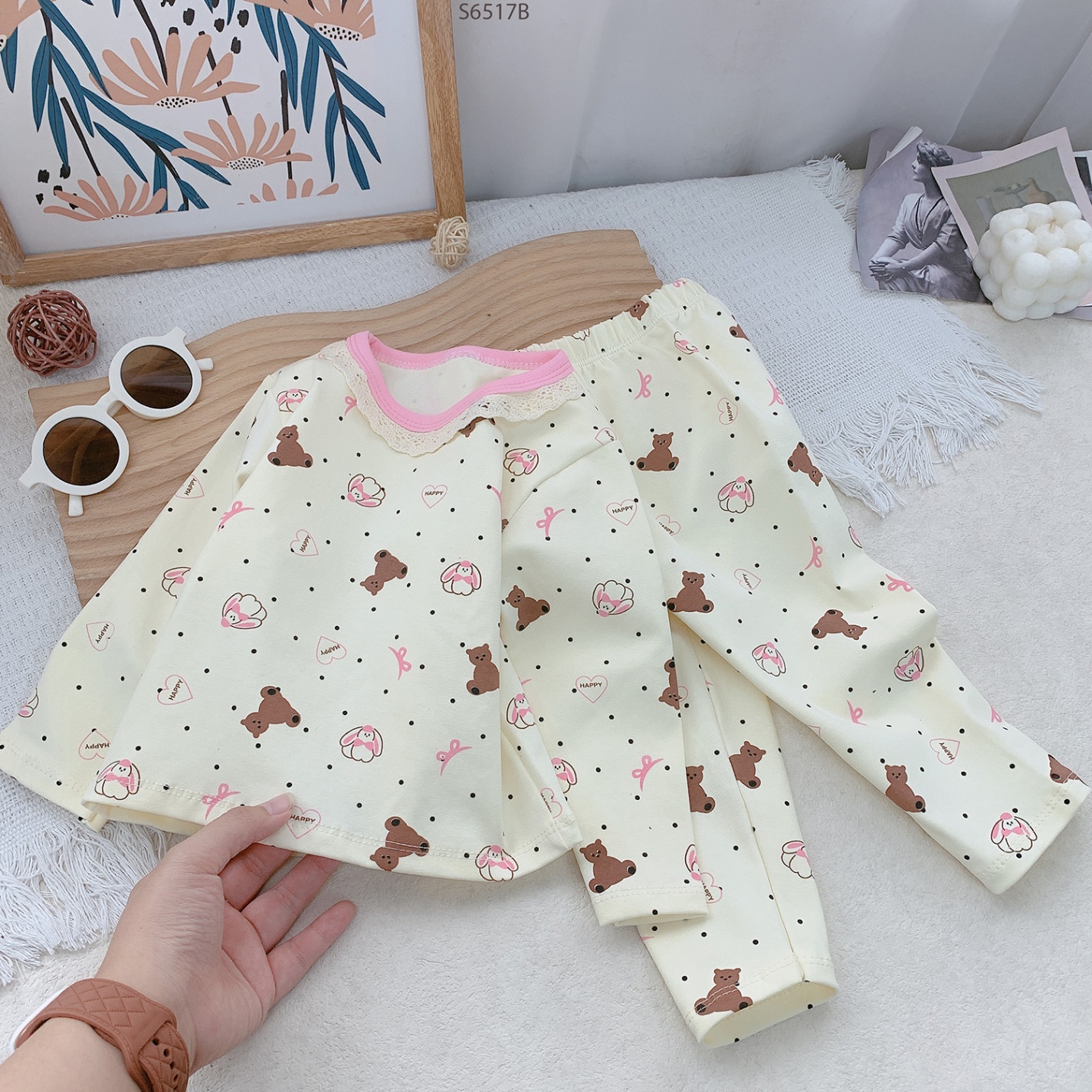 S6517B- Set Cotton Viền Ren Gấu Nơ Hồng-80(8-10kg)