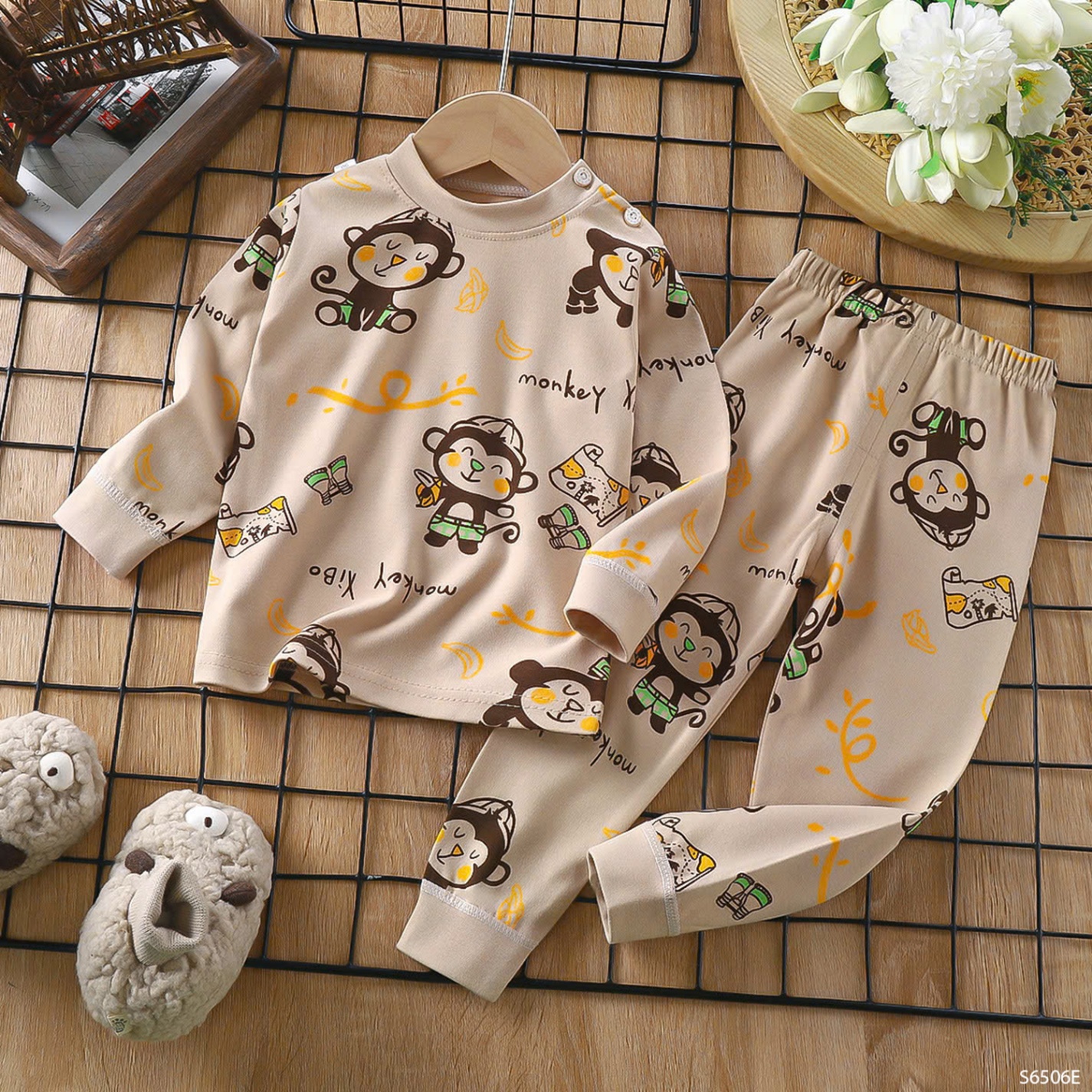 S6506- Set Cotton Họa Tiết Cho Bé (Cừu Hồng/ Ngựa Hồng/ Máy Xúc Xanh/ Thỏ Hồng/ Khỉ Nâu)