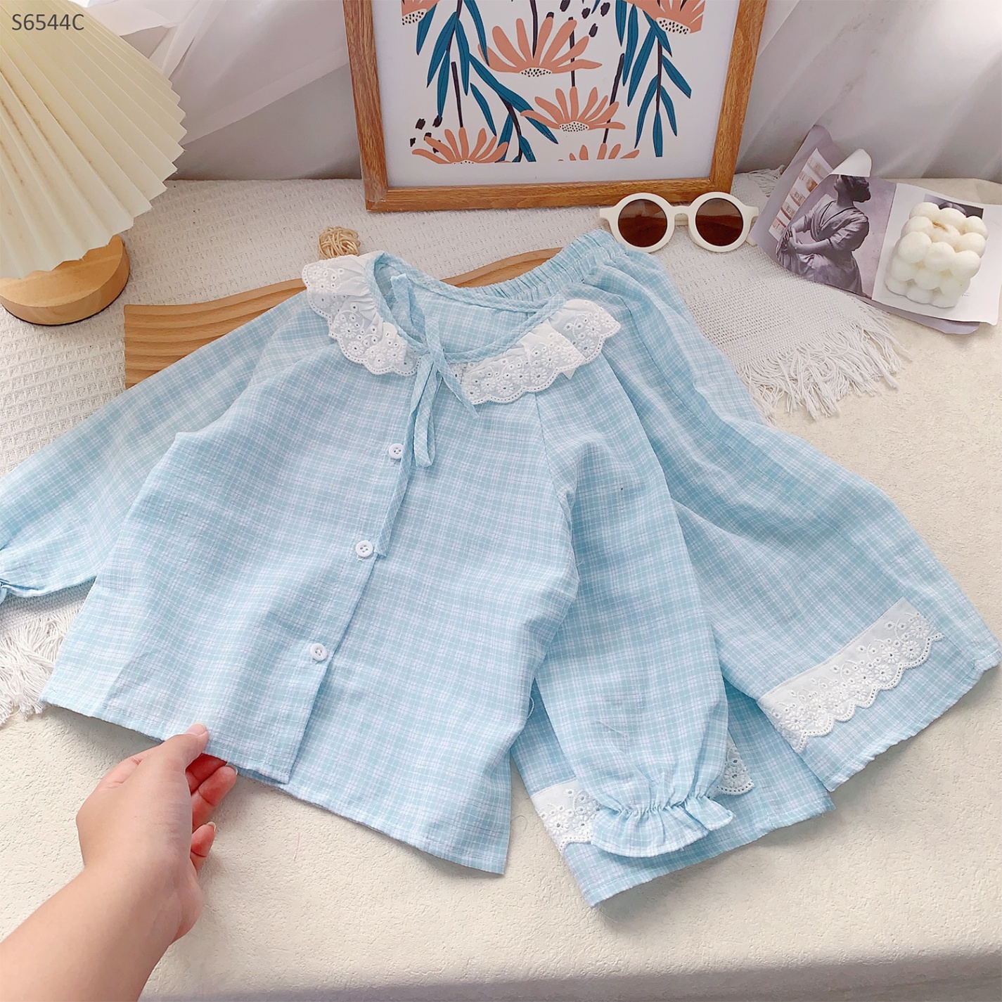 S6544C- Set Pyjama Kẻ Cổ Ren Nơ Xanh-80(9-12kg)