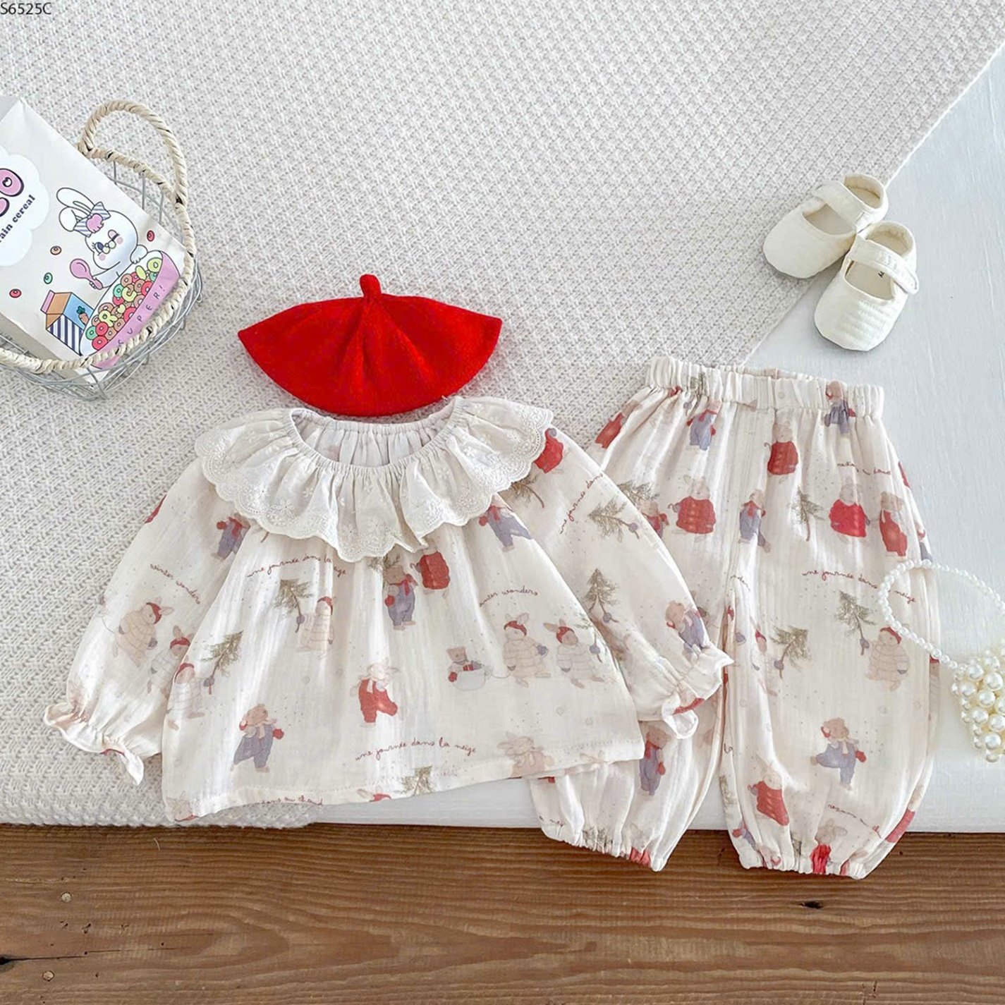 S6525C- Set Pijama Cổ Ren Gấu Đỏ-80(8-10kg)