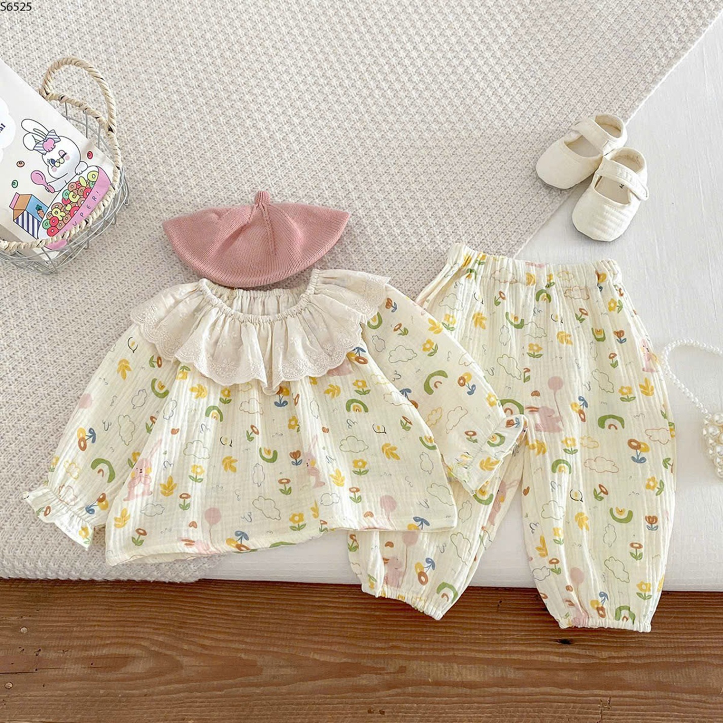 S6525A- Set Pijama Cổ Ren Thỏ Vàng-80(8-10kg)