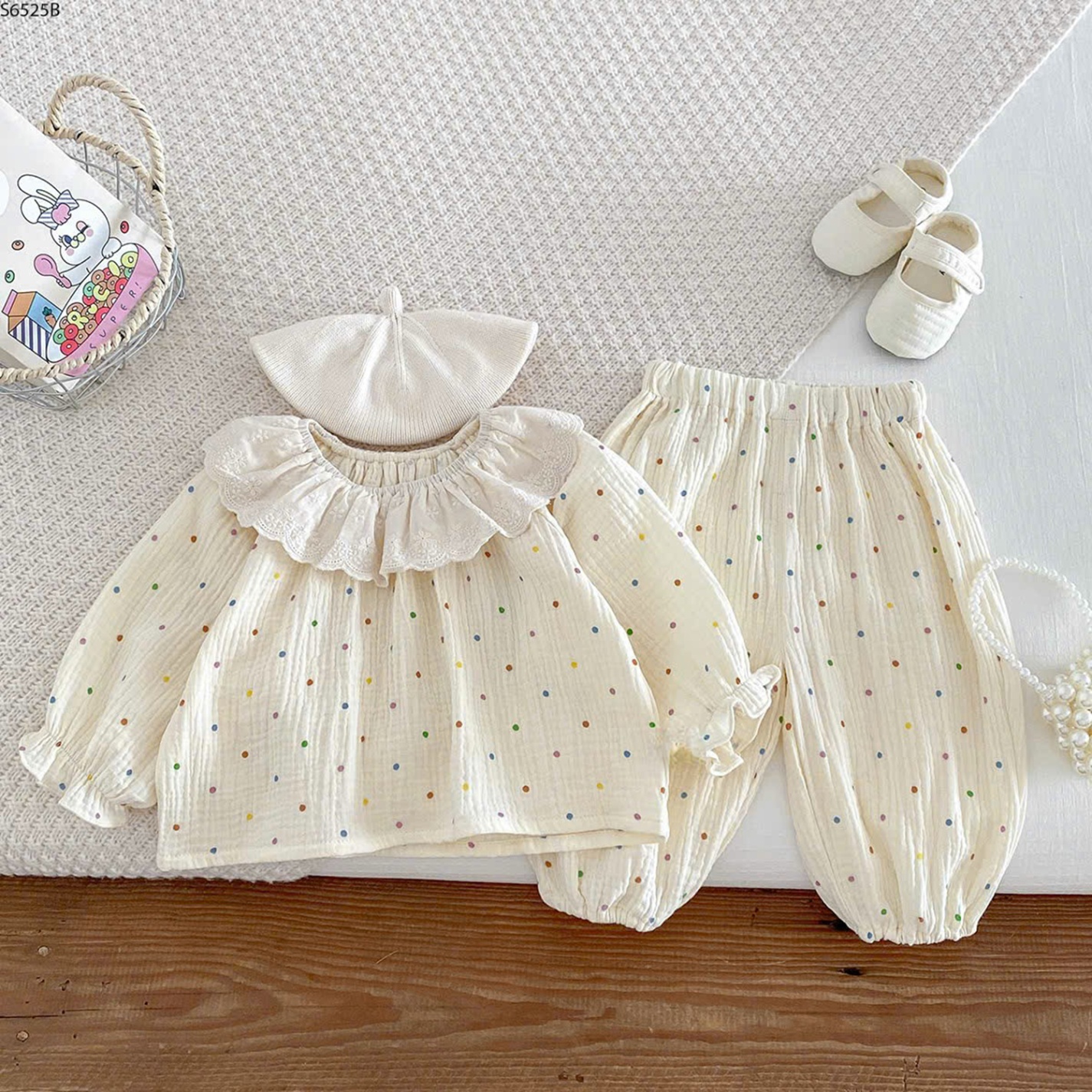 S6525B- Set Pijama Cổ Ren Chấm Bi-80(8-10kg)