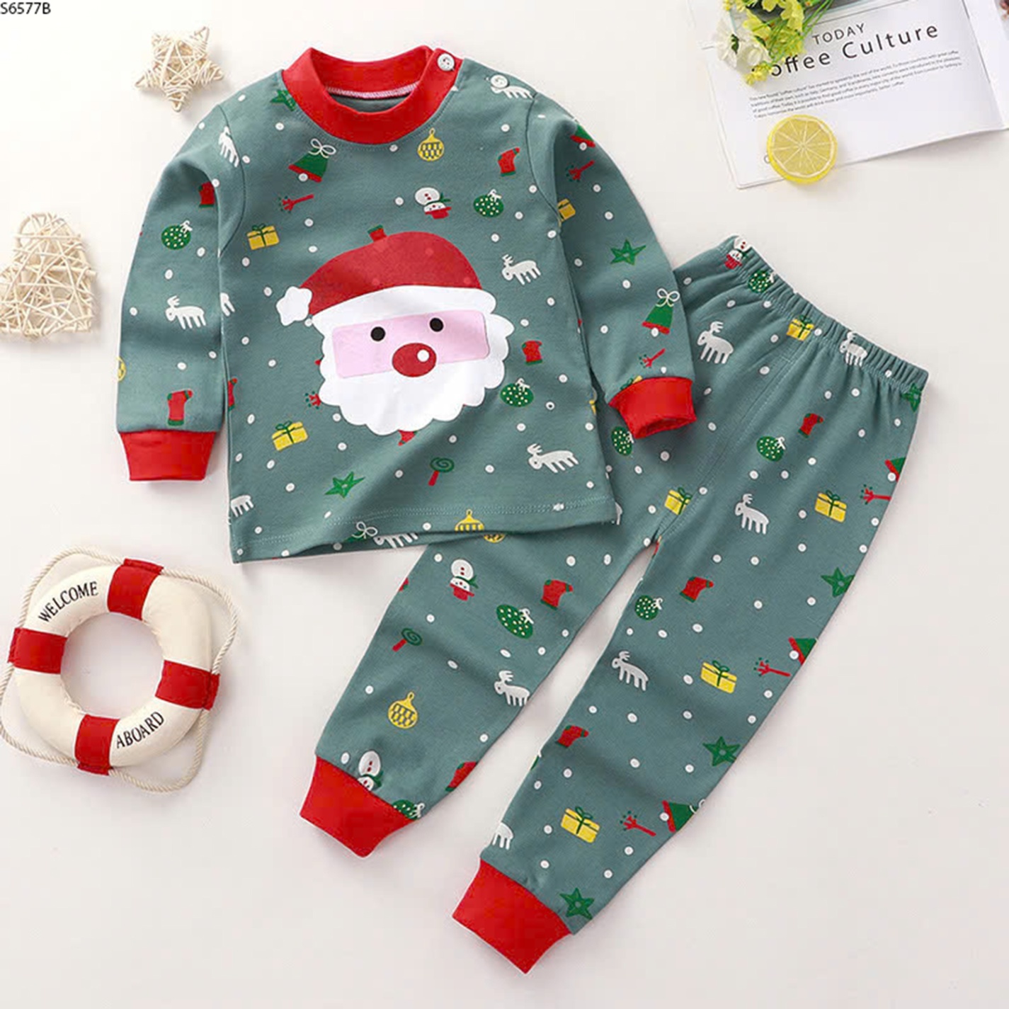 S6577B- Set Cotton Họa Tiết Ông Già Noel Xanh-80(7-9kg)