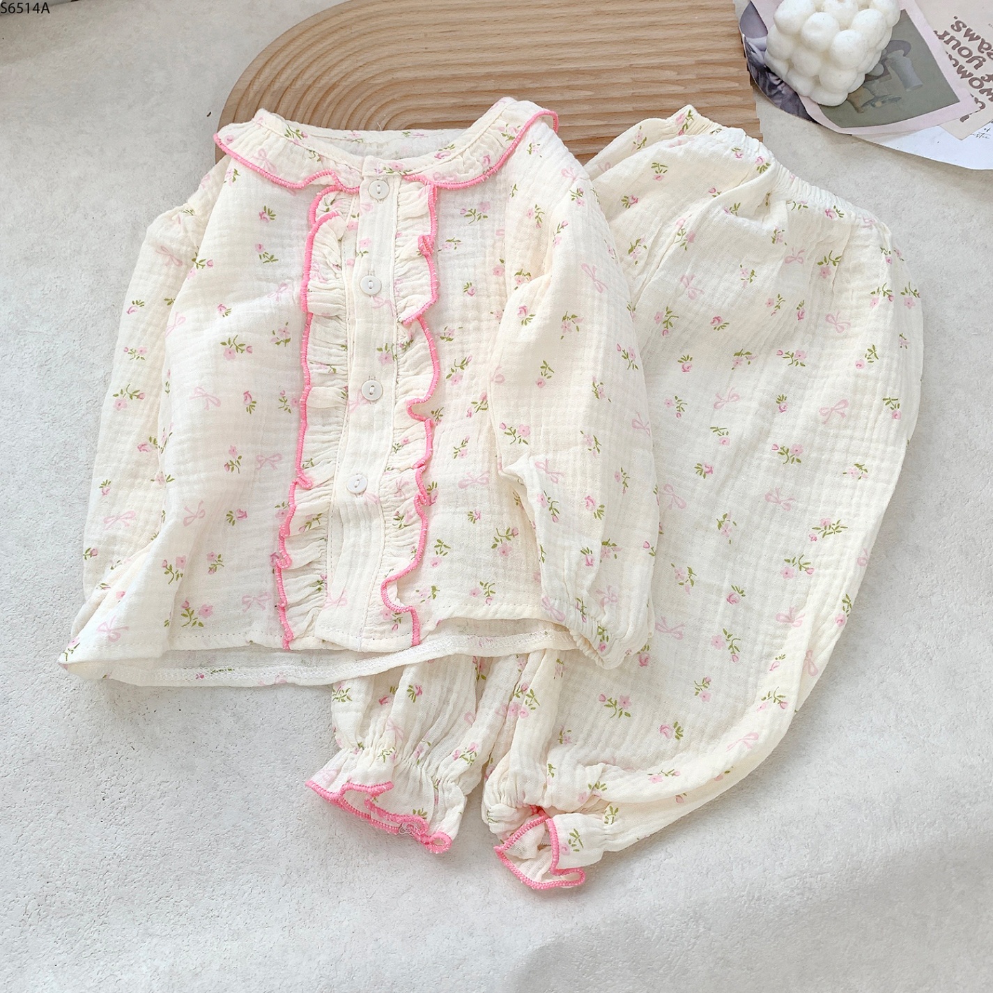 S6514A- Set Pyjama Cúc Viền Bèo Hoa Nhí Hồng-1(8-10kg)