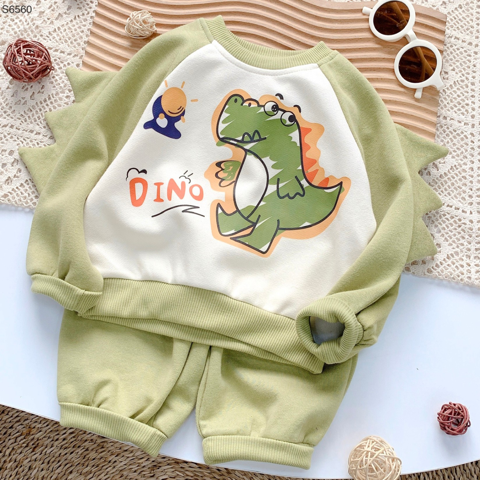 S6560- Set Áo Nỉ Xanh Khủng Long Dino