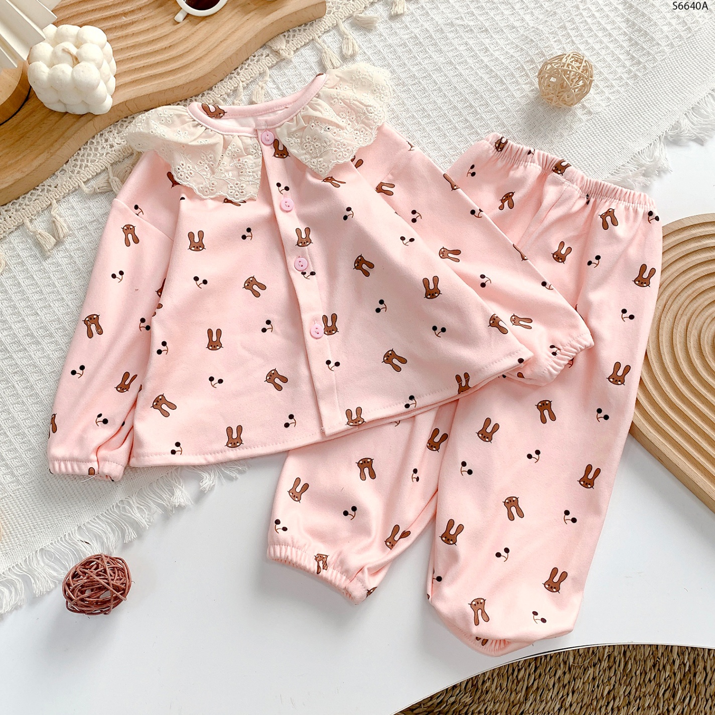 S6640A - Set Pyjama Nỉ Cổ Ren Thỏ Cherry-1(8-11kg)