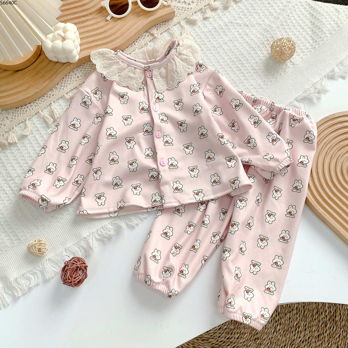 S6640C - Set Pyjama Nỉ Cổ Ren Thỏ Hồng-1(8-11kg)