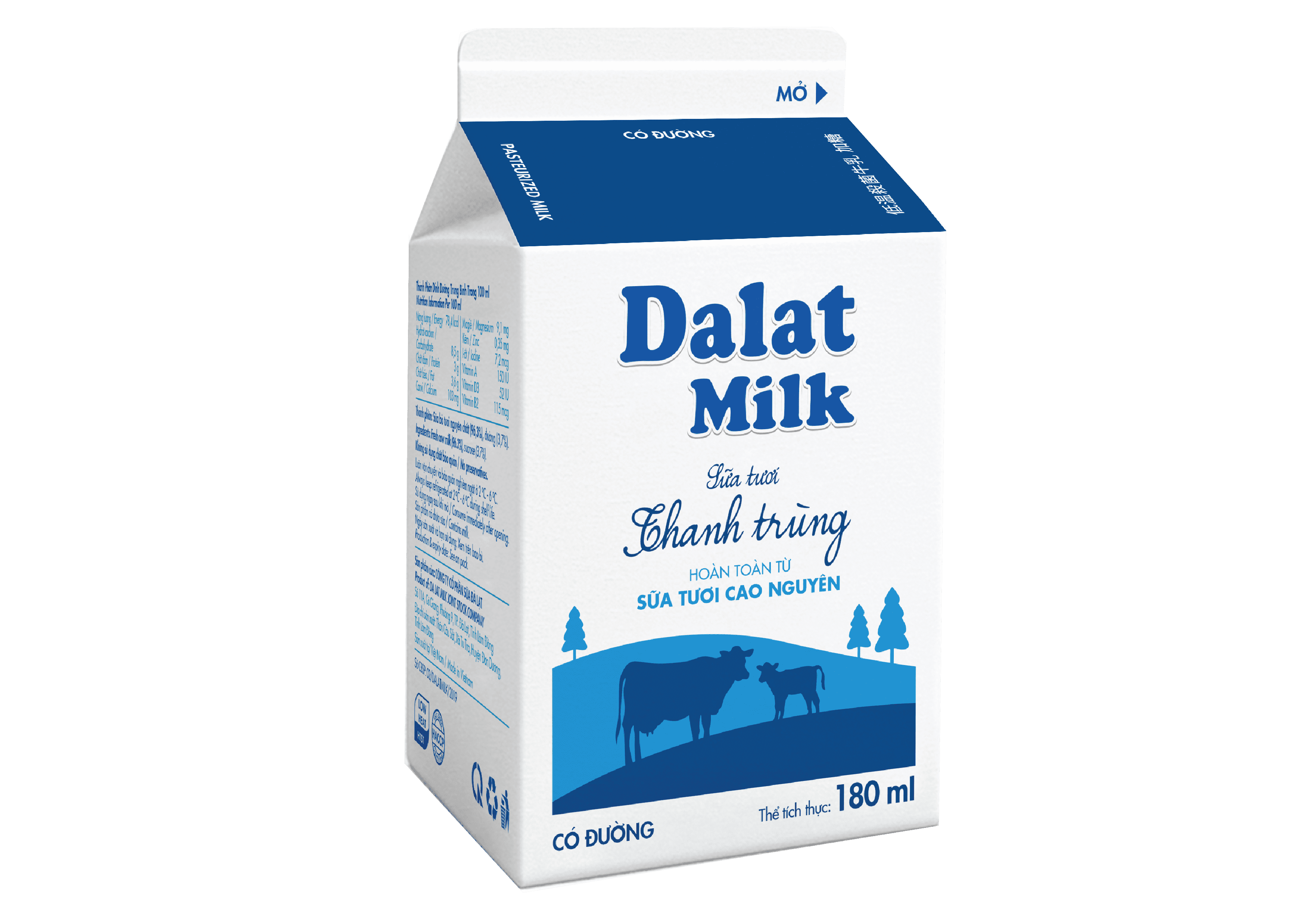 Sữa tươi thanh trùng Dalatmilk có đường 180ml